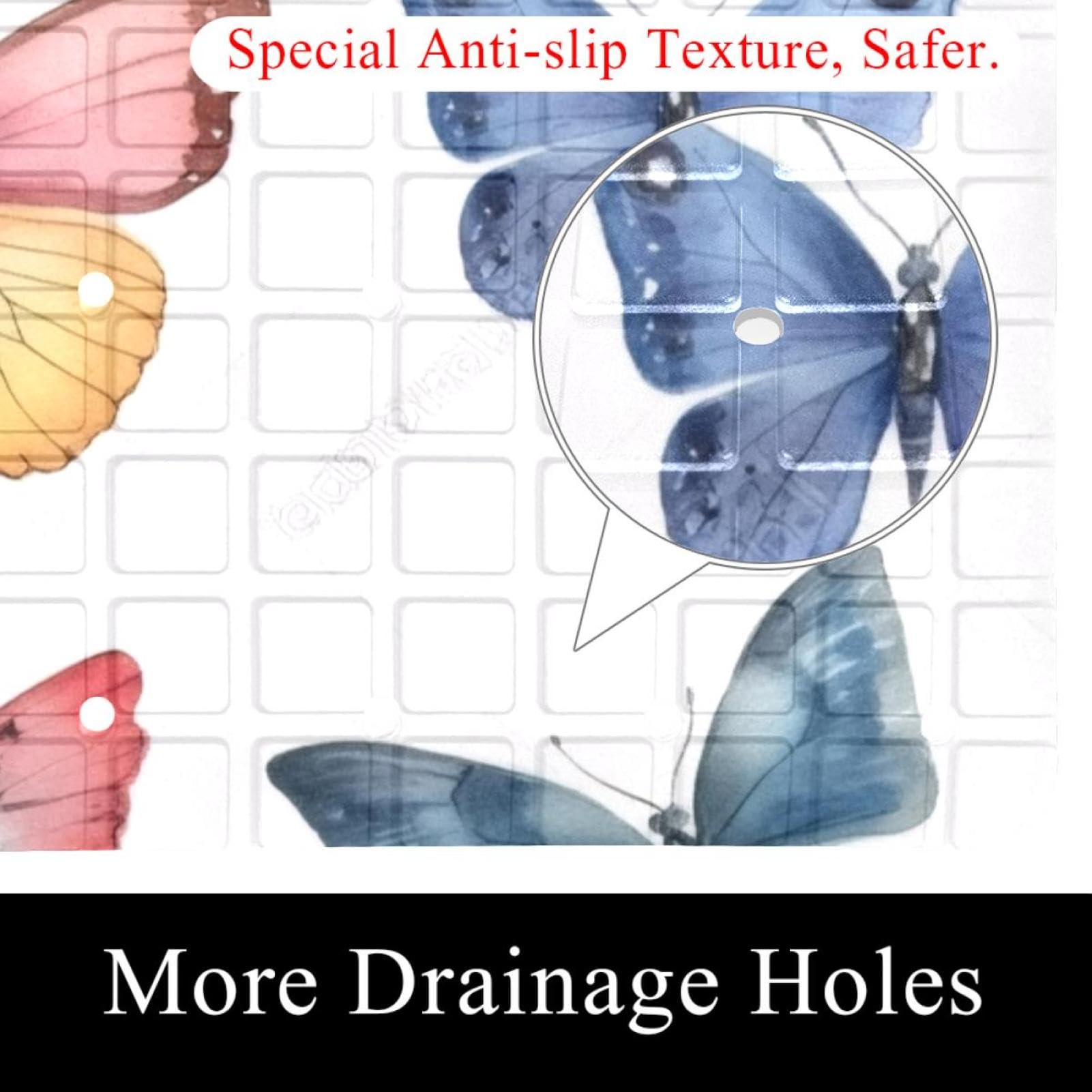 Non-Slip Bathtub Mats 15.1x26.8 Inch, Watercolor Butterflies Seamless Pattern PVC Bath Mat Shower Mat with Suction Cups Machine Washable for Bathroom