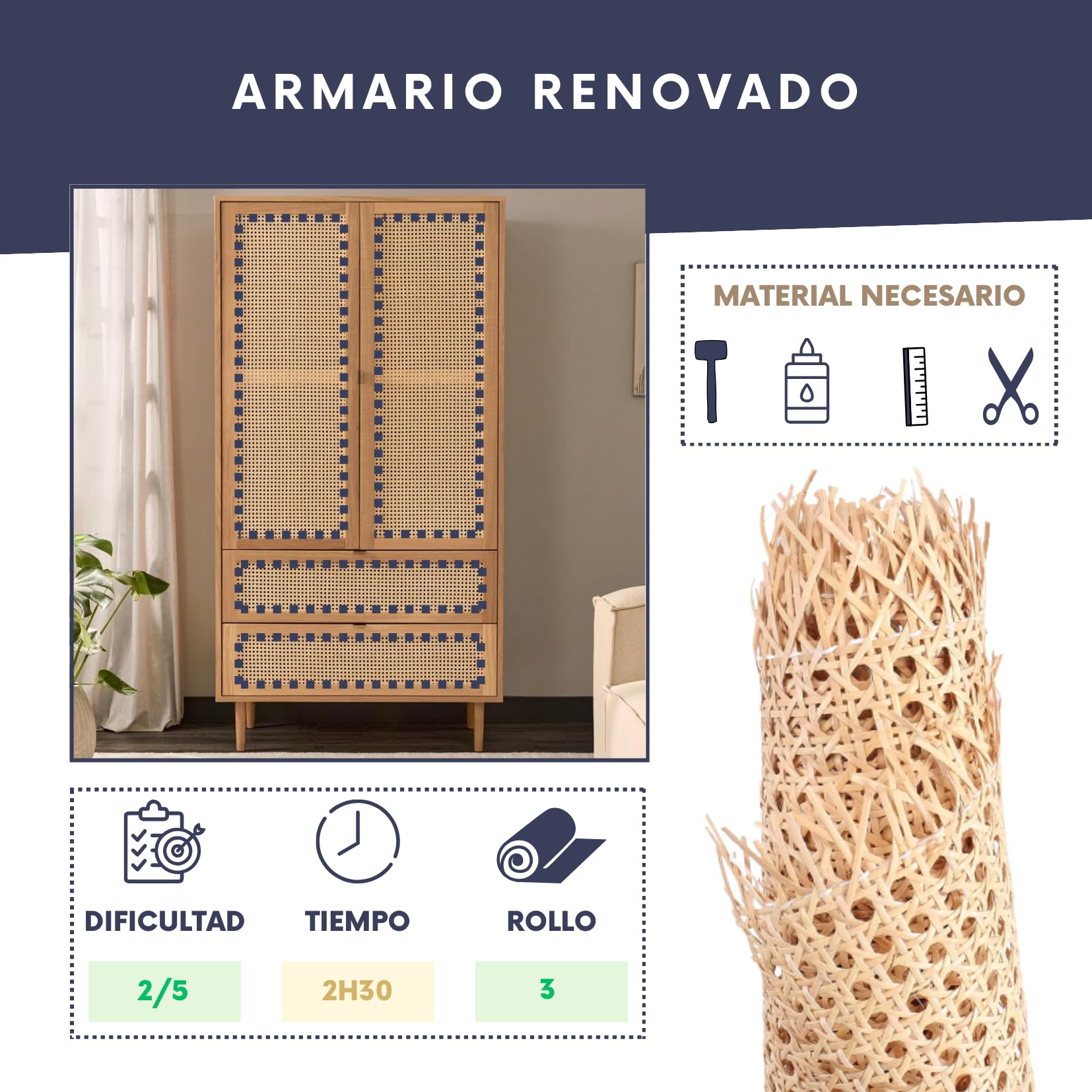 Rollo de caña de ratán Natural 60 CMx1 M Creaciones y Restauraciones de Muebles con Elegancia