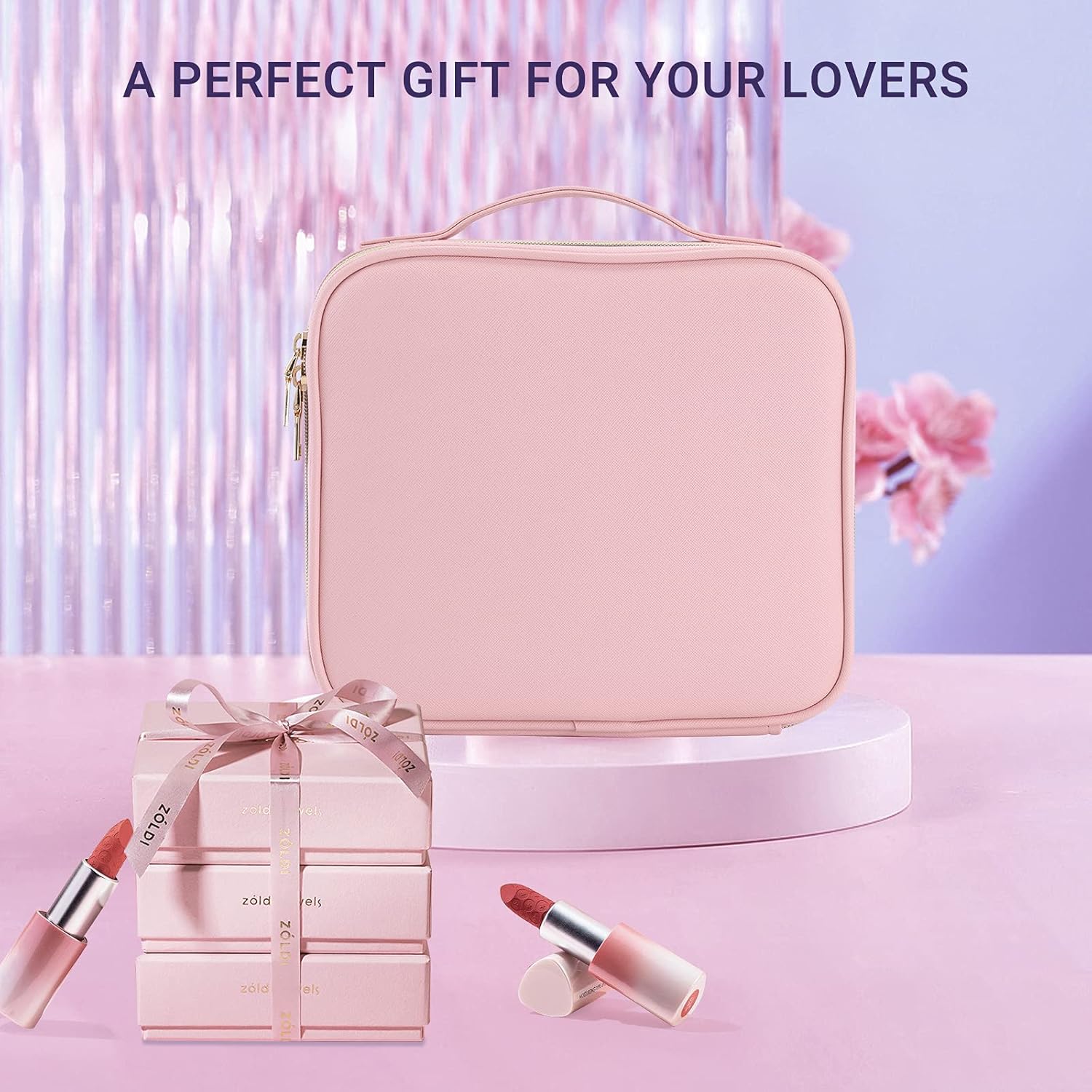 Joligrace Makeup Bag Cosmetic Case Vanity Travel Beauty Box Make Up Train Case Hairdressing Tools Organiser with Adjustable Compartment and Tools Bag, Cute Pink 4