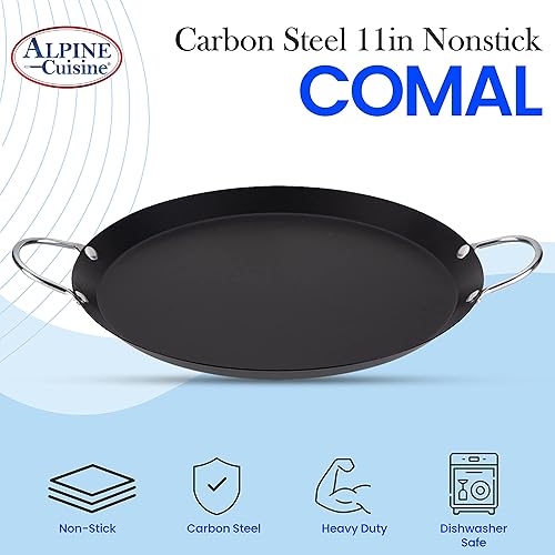 Miniatura 5 de Alpine Cuisine Plancha redonda antiadherente de 11 pulgadas, parrilla de acero al carbono negro con doble asa, duradera, resistente para cocinar,