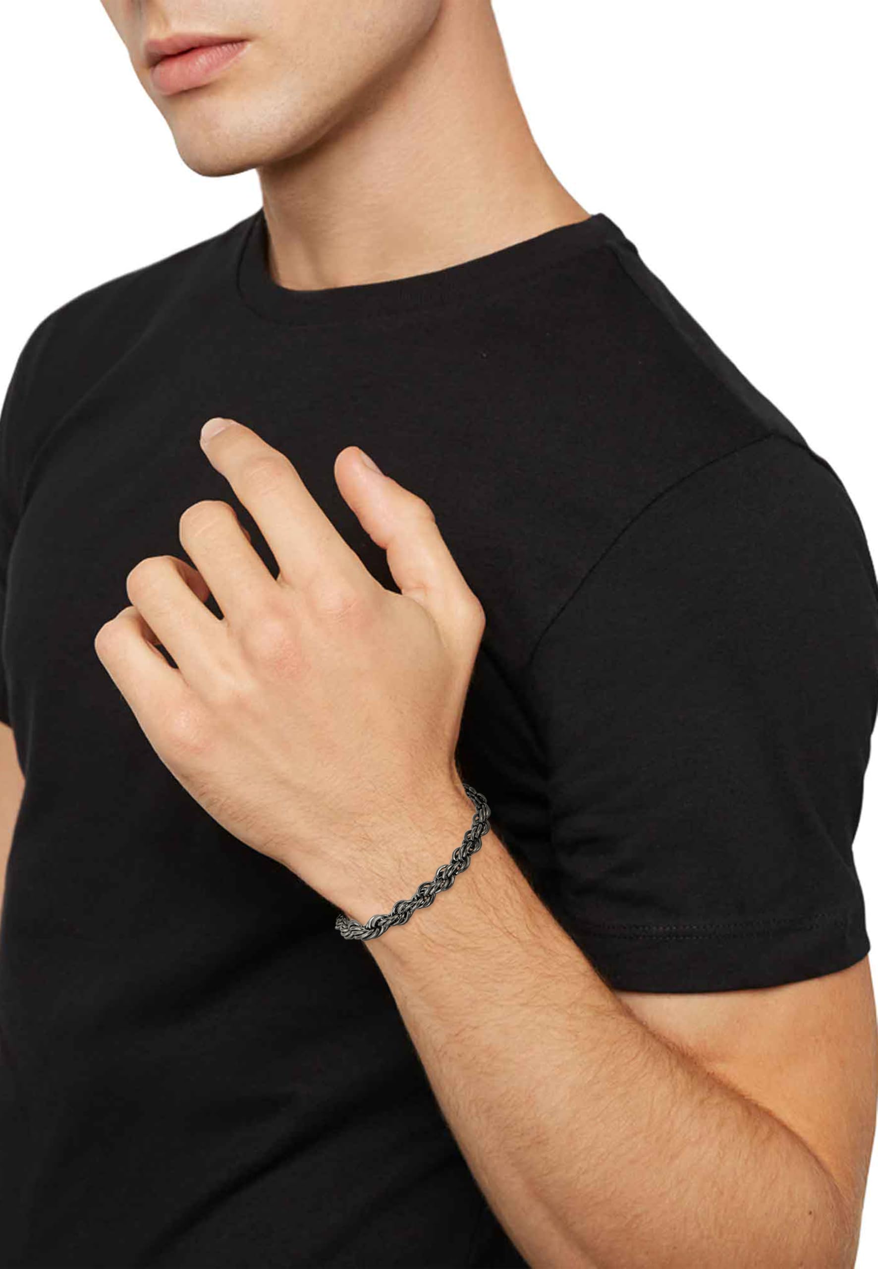 Breil, Collezione Yox, Bracciale Uomo in Acciaio Inossidabile Brunito Silver, con Catena Rope Intrecciata, Finali Lucidi, Chiusura a Gioielleria, Lunghezza Regolabile fino a 22 cm