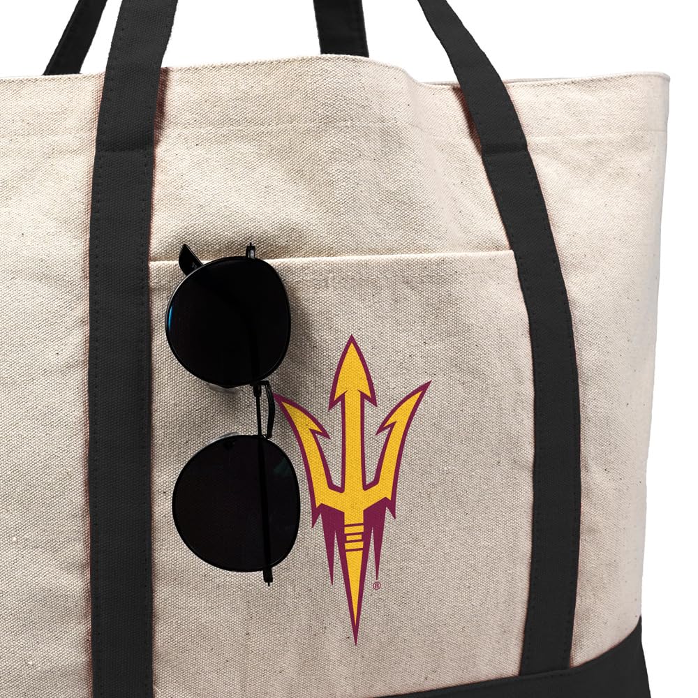Arizona State University Sun Devils Primary Logo Canvas Tote Bag With External Pocket, Reusable Shoulder Bag for Shopping, Beach, Black