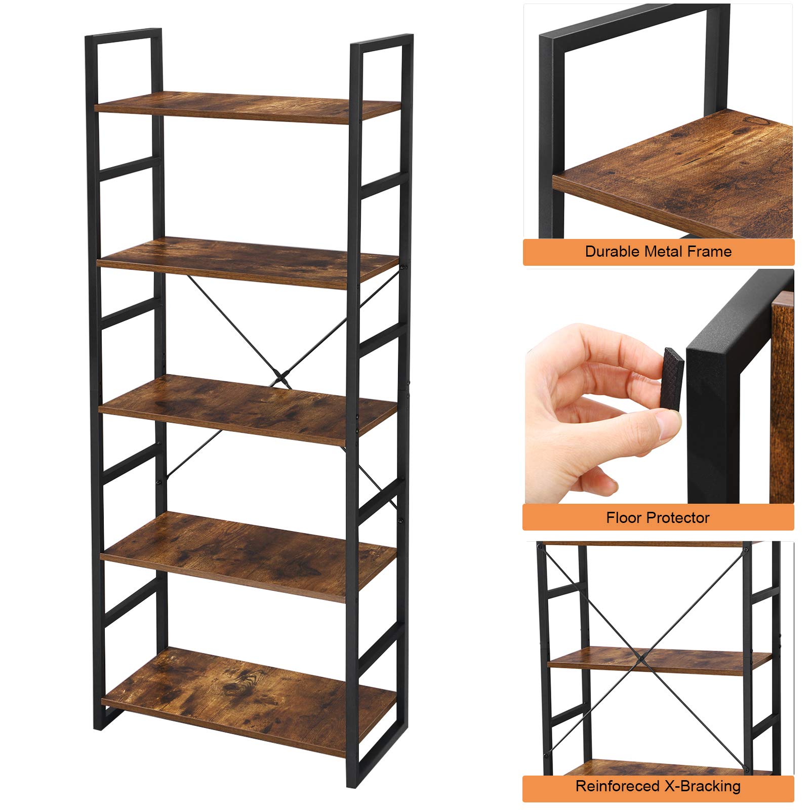 BEWISHOME Bookshelf 5-Tier Industrial Bookcase Multifunctional Display Shelves Plant Stand Storage Organizer for Home Office, Living Room, Bedroom, Kitchen and Bathroom JCJ12Z