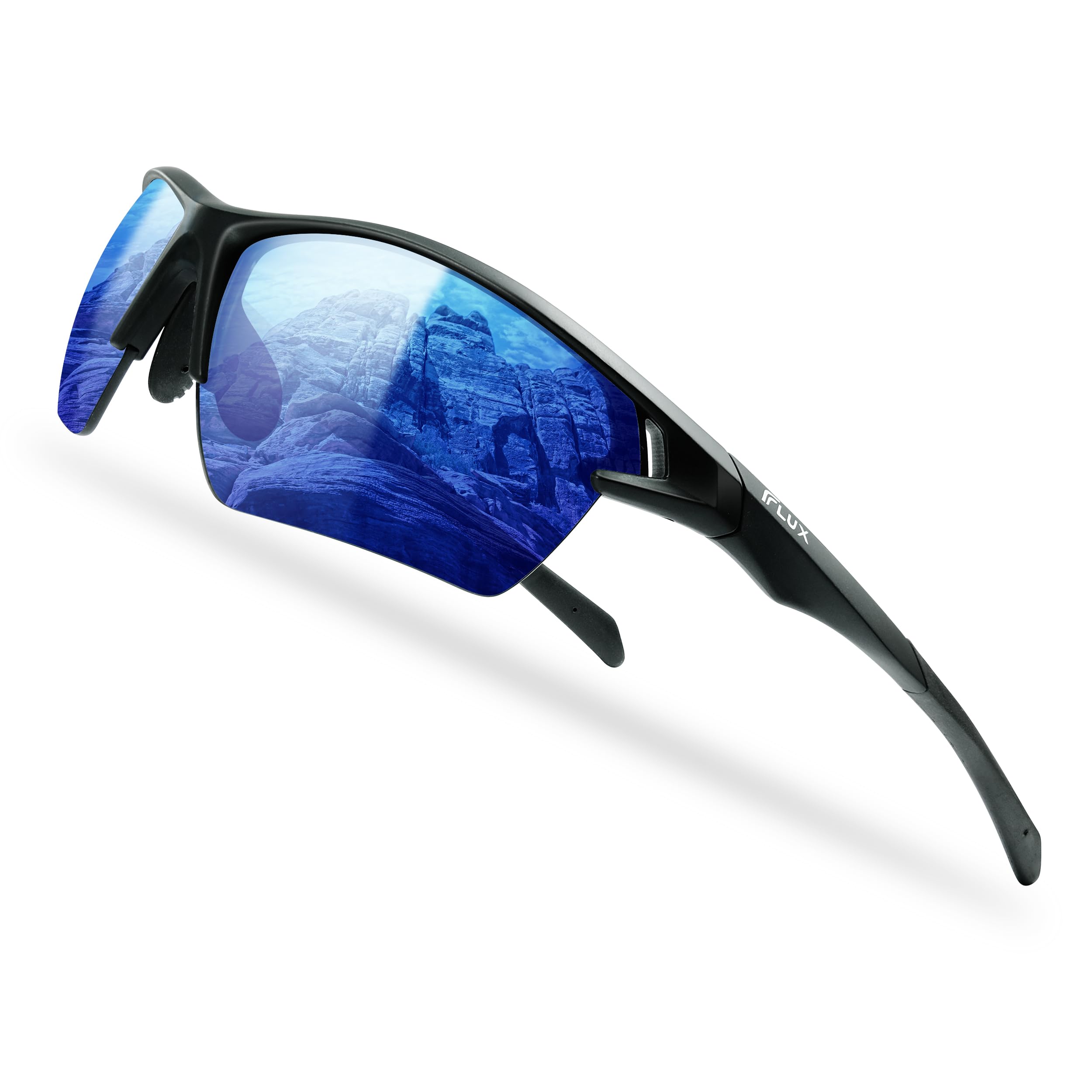 ICECUBE JET II NEO - Gafas de sol deportivas polarizadas UV400, ligeras, con almohadillas nasales y patillas ajustables para ciclismo, pesca y conducción (Negro/Azul)