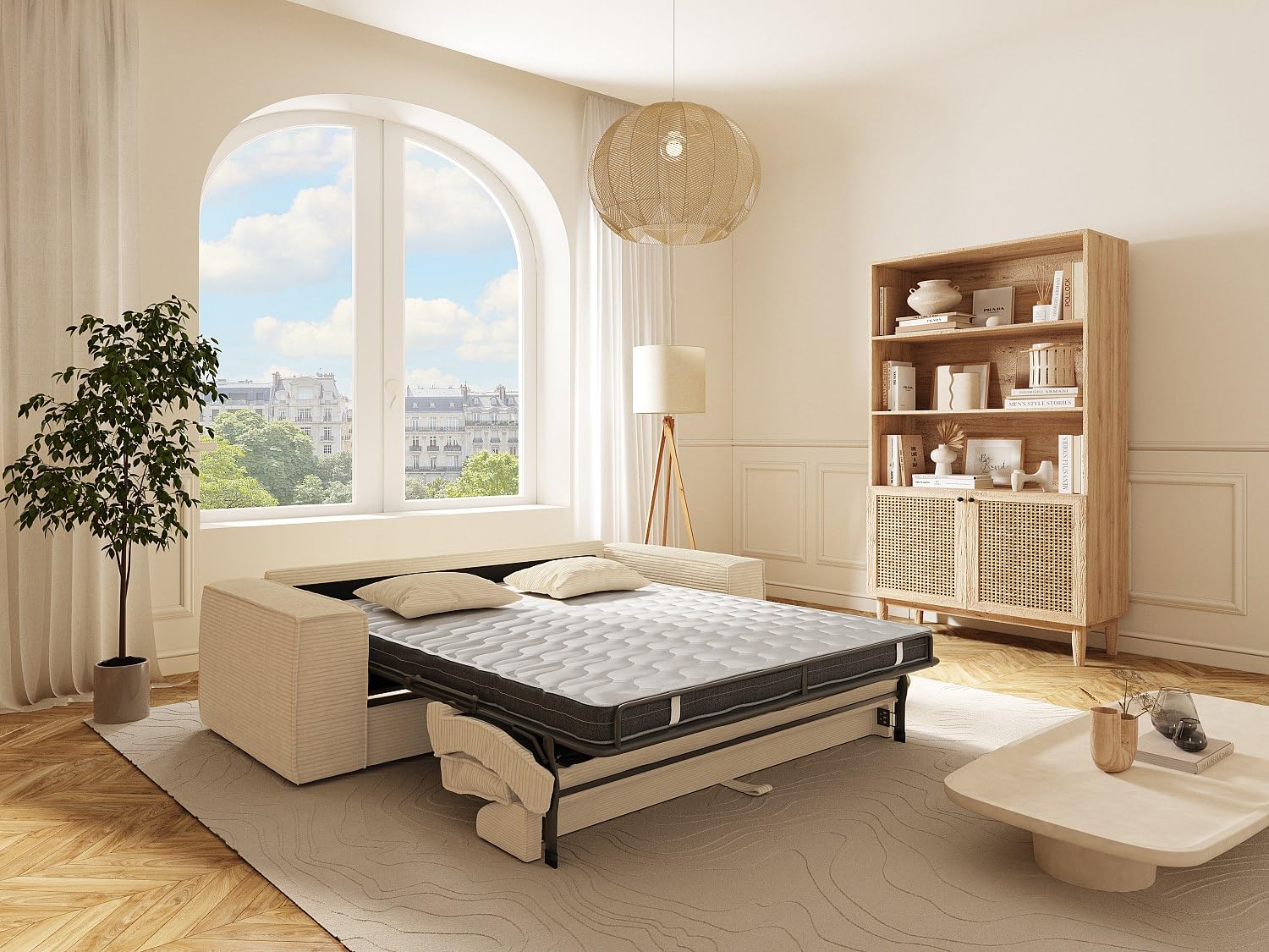 Vente-unique - Canapé 3 Places Convertible Express en Velours côtelé Beige - Couchage 140 cm - Matelas 13 cm avec mémoire de Forme - Amelia