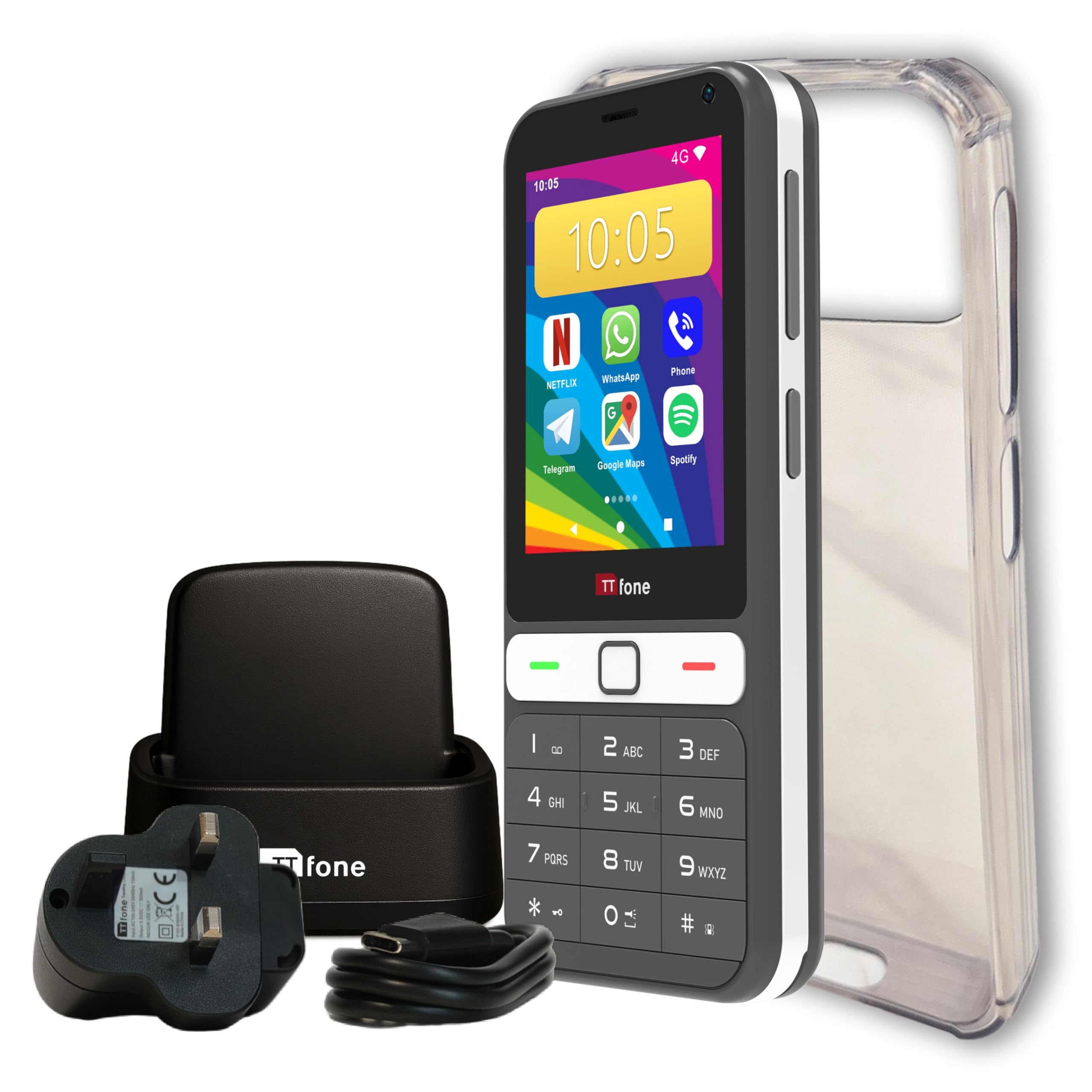 TTfone TT280 – Cellulare 4G Dual SIM con Android, touchscreen da 2,8", tastiera, fotocamera da 2 MP, USB-C, cover trasparente in silicone e base di ricarica con caricatore