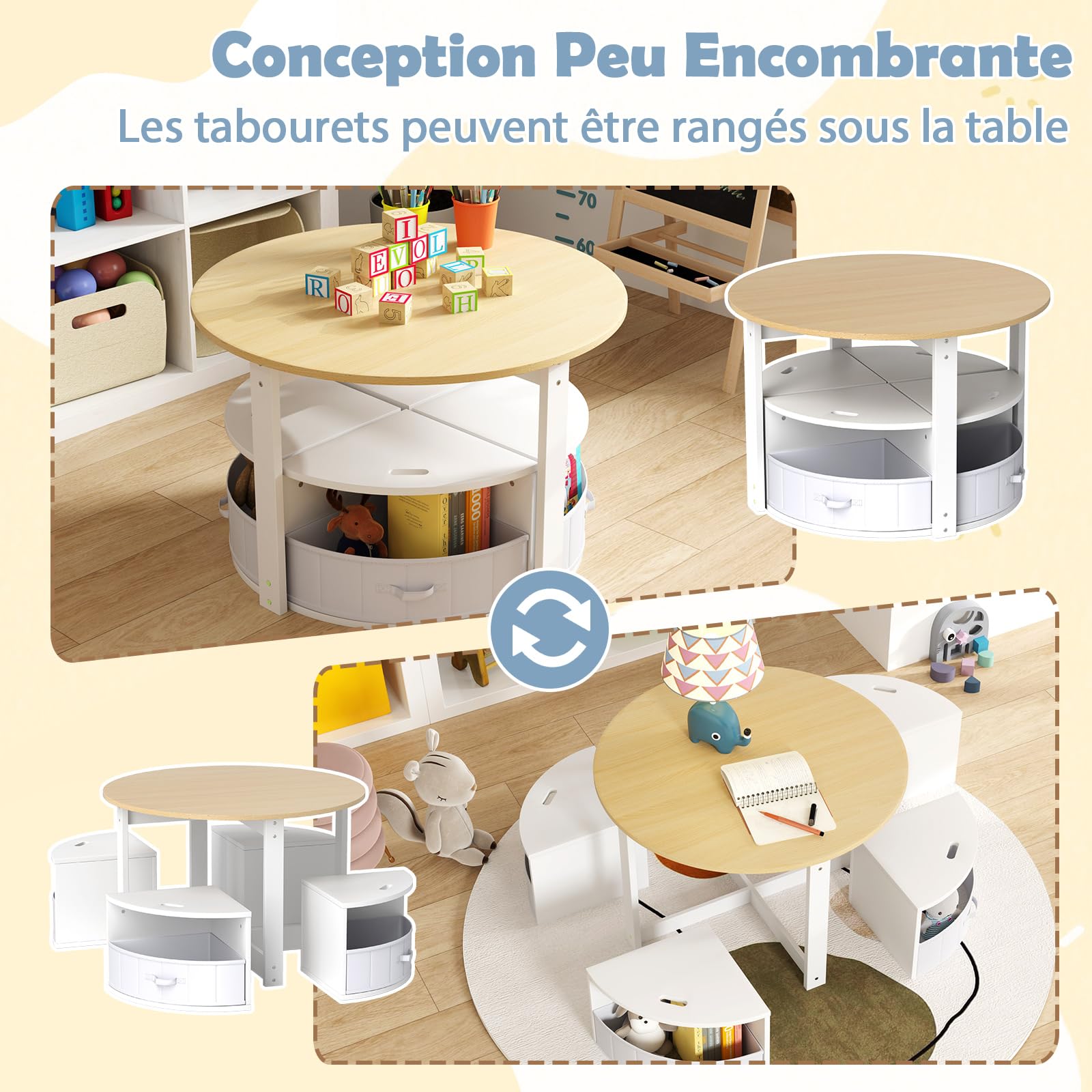 COSTWAY Table Enfant Ronde avec 4 Chaises Empilables, Table d’Activité en Bois avec 4 Tiroirs en Tissu Pliable, Bureau Montessori pour Salle de Jeux Chambre d'enfant, Charge 50/90 pour 3 Ans+