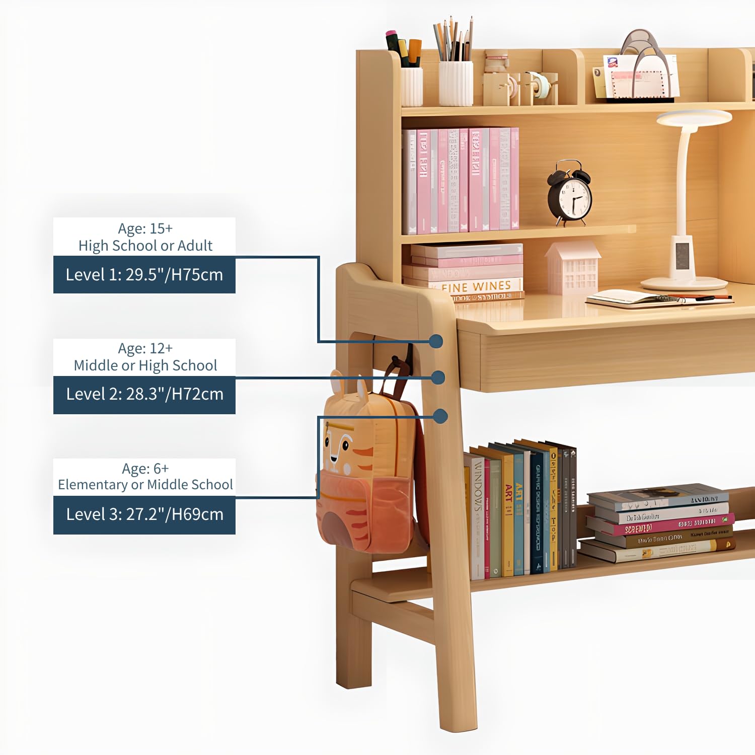 Study Desk and Chair Set Adjustable Height, All Solid Wooden
