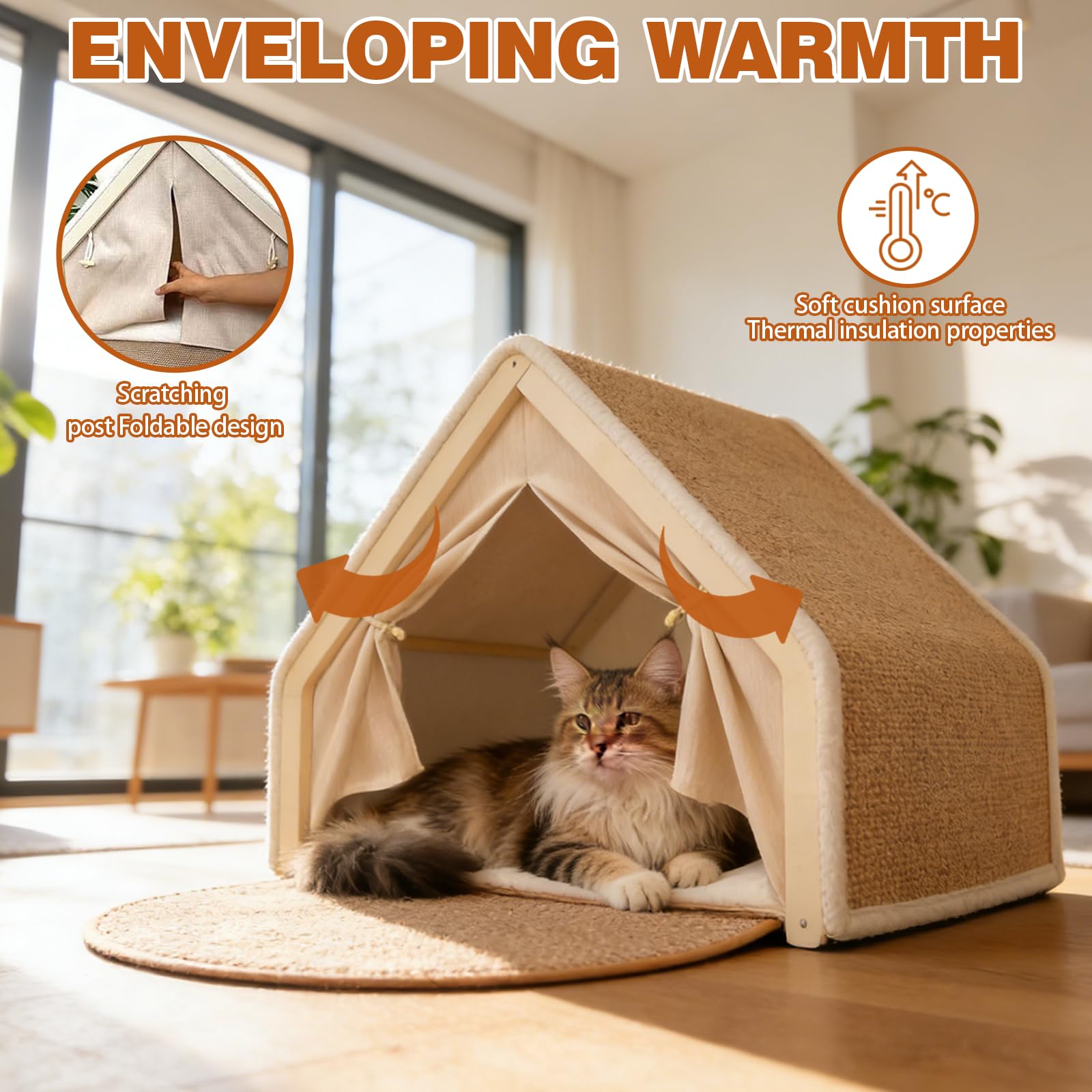 Katzenhaus Katzenzelt, 2-in-1 Holz Katzenzelt Kratzbrett, Katzenhöhle mit Sisal-Kratzbrett für Katzen Rückzugsort