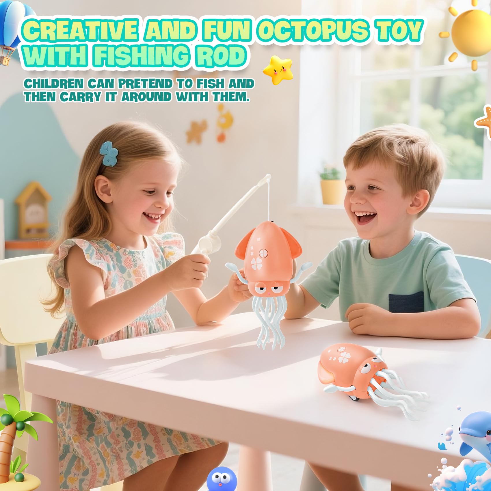 KutaKuta Electric Dancing Octopus Toy, 2 Modalità (Danza & Gattona) Pulpo Elettrico Danzante Giocattolo con LED e Musica e Canna Pesca, Polpo Danzante