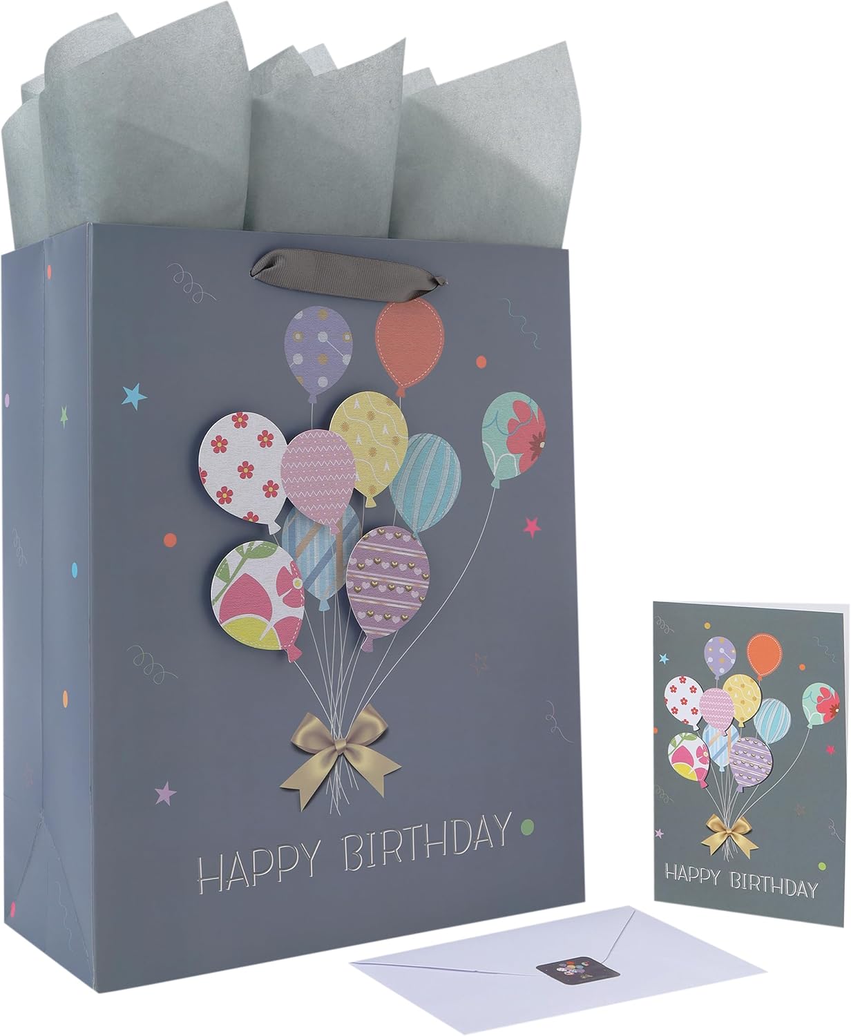 Qirrmiy 13” Large Birthday Gift Bag Set with Handles, Greeting Card, Grey Tissue Papers and Stickers for Men Boys Women Girls Kids Teens, 3D Balloons design, 1 Pcs