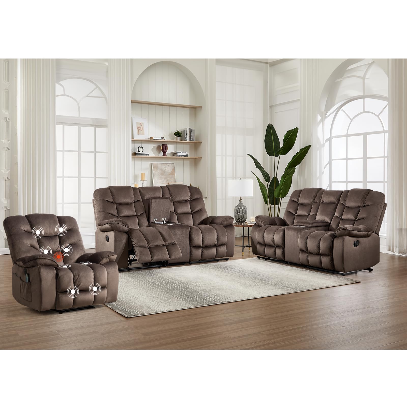 HAOMARKETS 3 Pieces Recliner Sofa Furniture Set, Include Power Recliner Chair with Message&amp;Heat and 2 Manual Loveseat Sofas with Hidden Storage and Cup Holders for Living Room, Brown