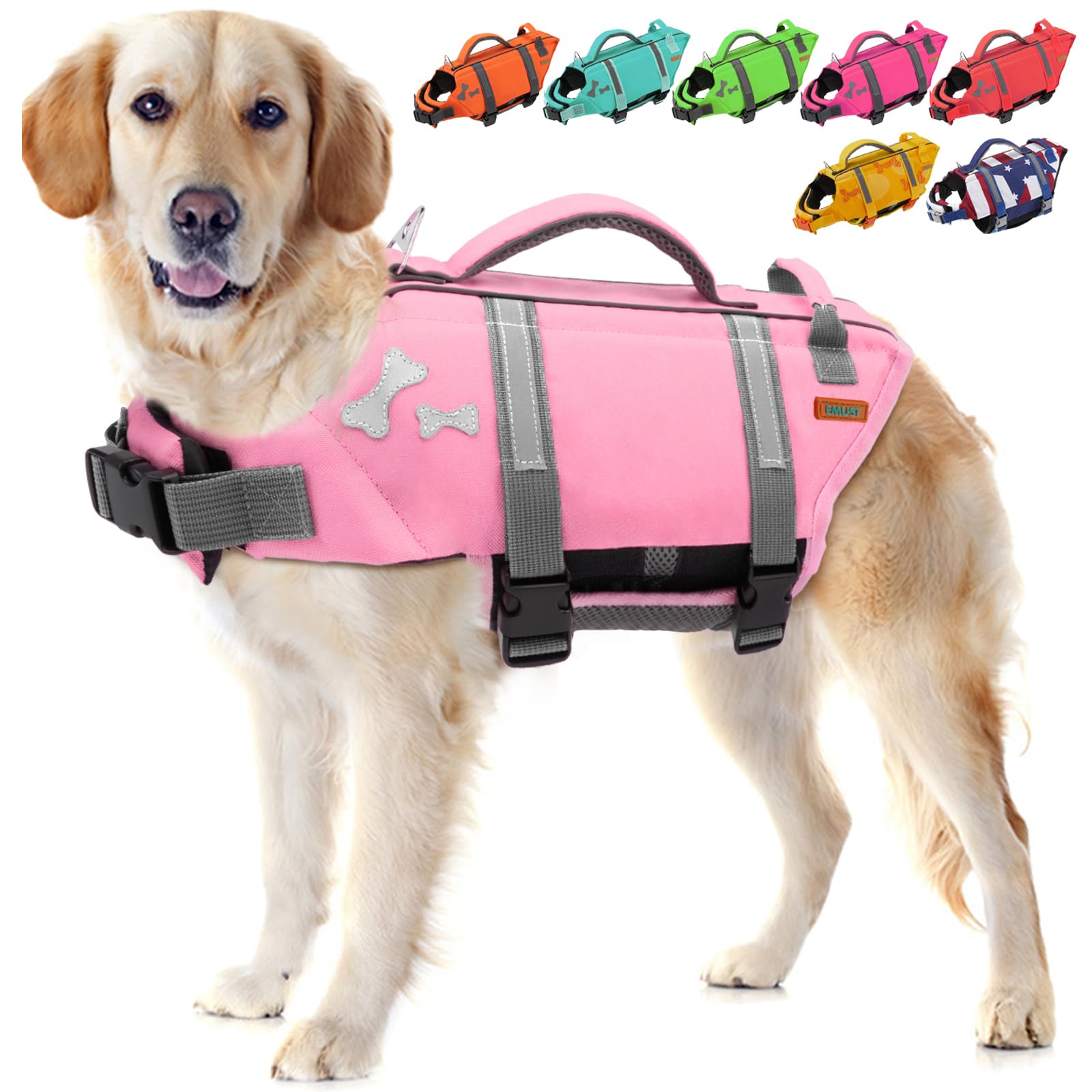 EMUST Dog Life Preserver, Good Visibility Dog Flotation Vest for Swimming Beach Boating Kayaking, Pet Water Vest for Medium Dogs, SakuraPink, M