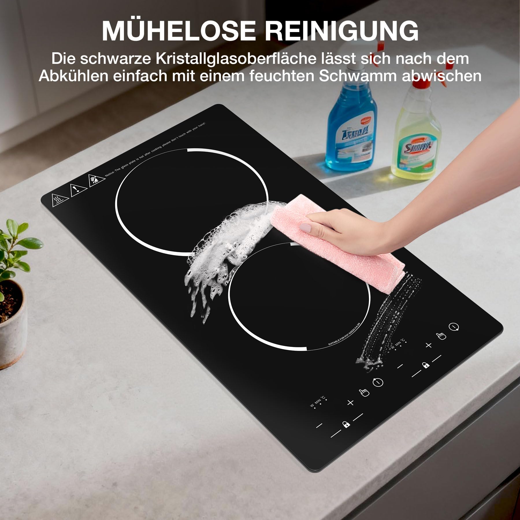 Induktionskochfeld 2 Platten 3000W, Domino Elektrokochfeld 30cm Einbau und Freistehend, Tragbare Doppelkochplatte mit Timer & Restwärmeanzeige für Studio, Kleine Küche und Wohnmobil