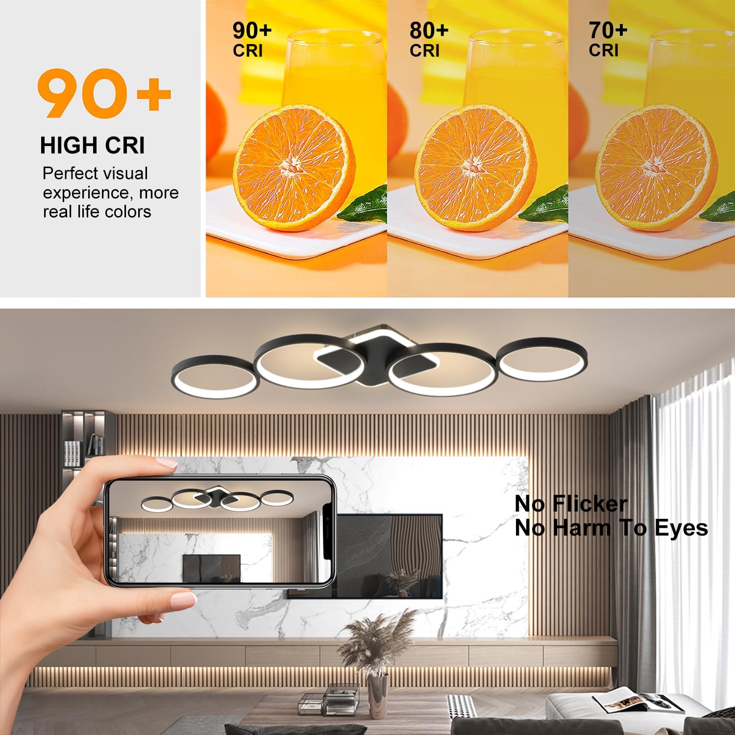 94cm LED Deckenlampe Dimmbar Wohnzimmer, 54W Deckenleuchte Schwarz | Wohnzimmerlampe mit Memory Funktion und Nachtlicht, Moderne 4 Ring deckenbeleuchtung mit Fernbedienung APP für Schlafzimmer