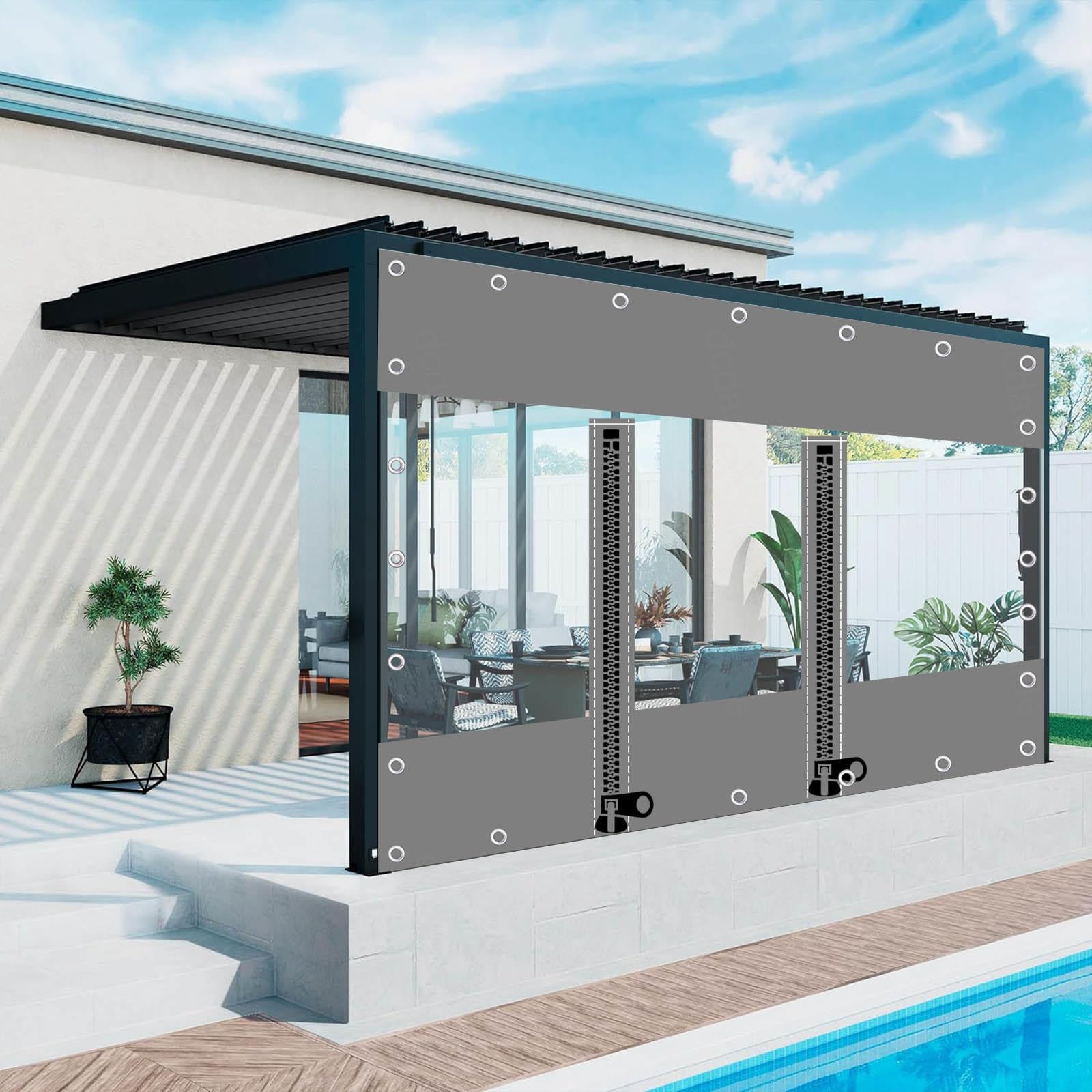 Clear Tarp Curtains,Grey Transparent Tarpaulin Side Panels,Outdoor Curtains With Zips,Pergola Gazebo Waterproof Partition Curtains,0.3mm Pvc Plastic Tarpaulin With Eyelets,2Zips-1.7×1.8m(5.6*5.9ft)