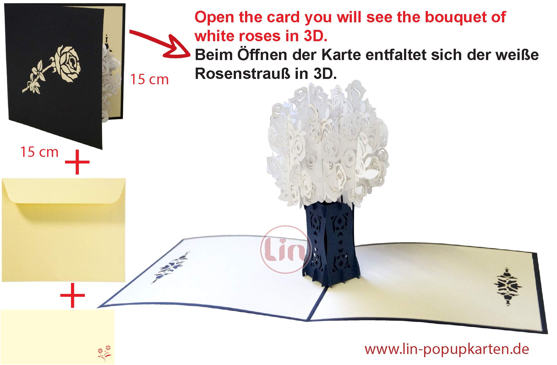 Tarjeta Pop-up 3D Flores Blancas Lin - Diseño Artesanal Para Condolencias, 15x15 Cm, Con Sobre