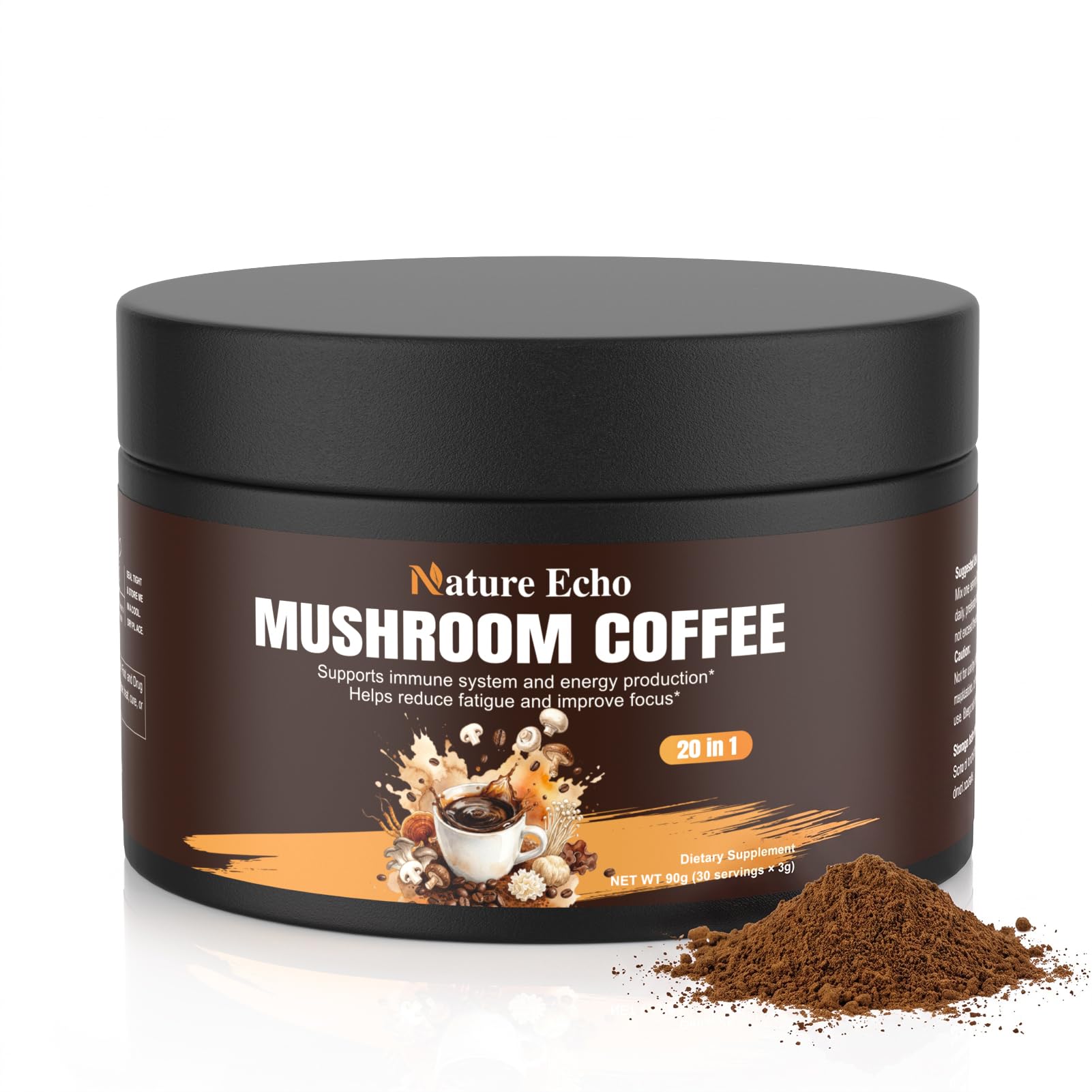 Nature Echo Café instantâneo em pó com complexo de 20 cogumelos e ashwagandha, 11 mg de cafeína por porção, 89 g