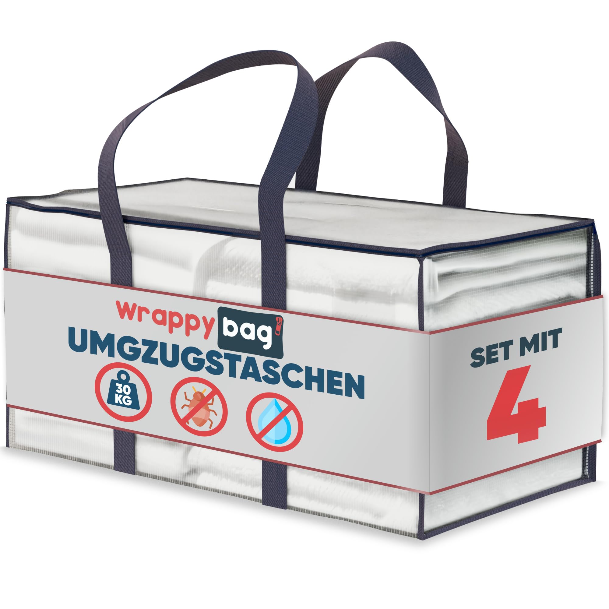 WRAPPYBAG 4er Pack Große Kunststoff Aufbewahrungstasche – XXL Tasche Groß für Umzug, Reise – Robust, Dick und Wasserabweisend mit Verstärkten Griffen – Für Kleidung und Bettwäsche – 75 x 36 x 38 cm