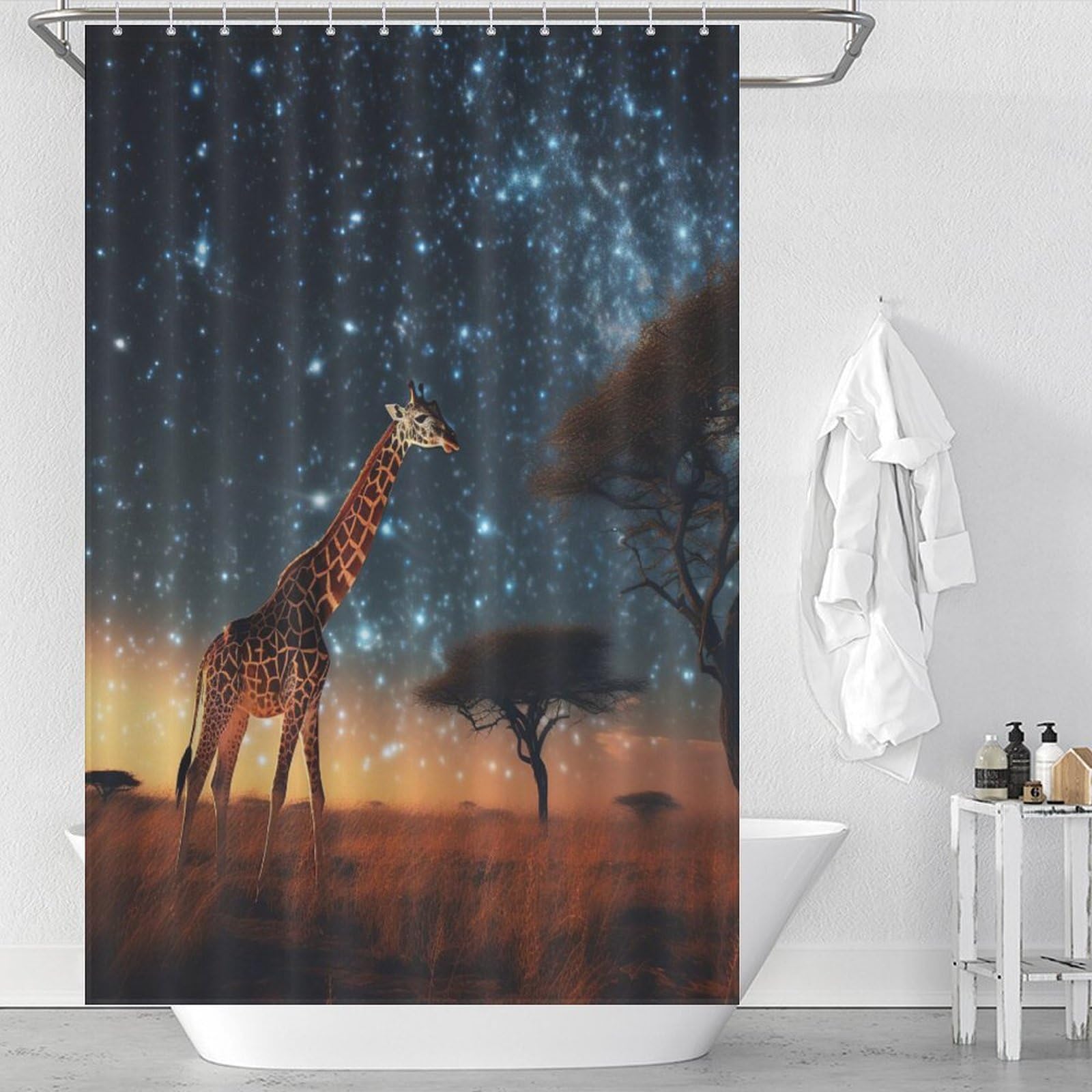 Rideau de douche girafe en tissu pour créer une ambiance naturelle dans votre salle de bain