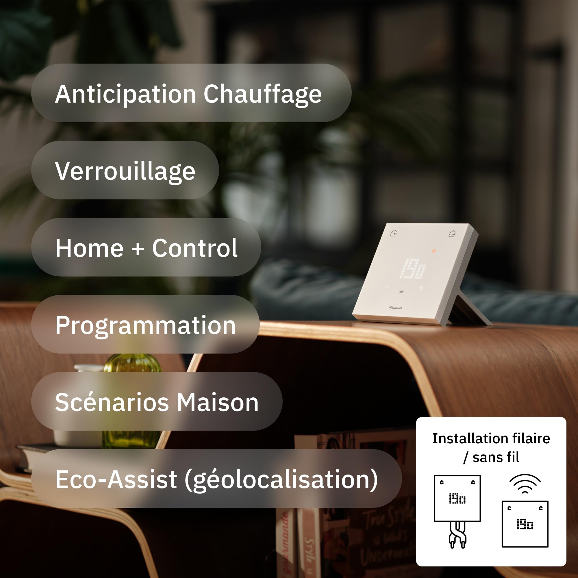 Netatmo Thermostat Connecté Original pour Chauffage Individuel - Pack Installation sans Fil/Filaire, Support Inclus, Économie d’Énergie, Compatible Matter(Alexa,Google,Apple), WiFi 2,4GHz-ETP-AMZ