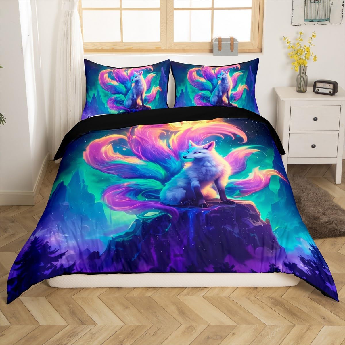 Fox Duvet Cover Set Queen Size,Moonlight Magical Animal Bedding Set Kids Boys Girls Room Decor,Japanese Style Fox Comforter Cover 3Pcs,Pine Tree Starry Sky Microfiber Bedspreads Cover,2 Pillowcases