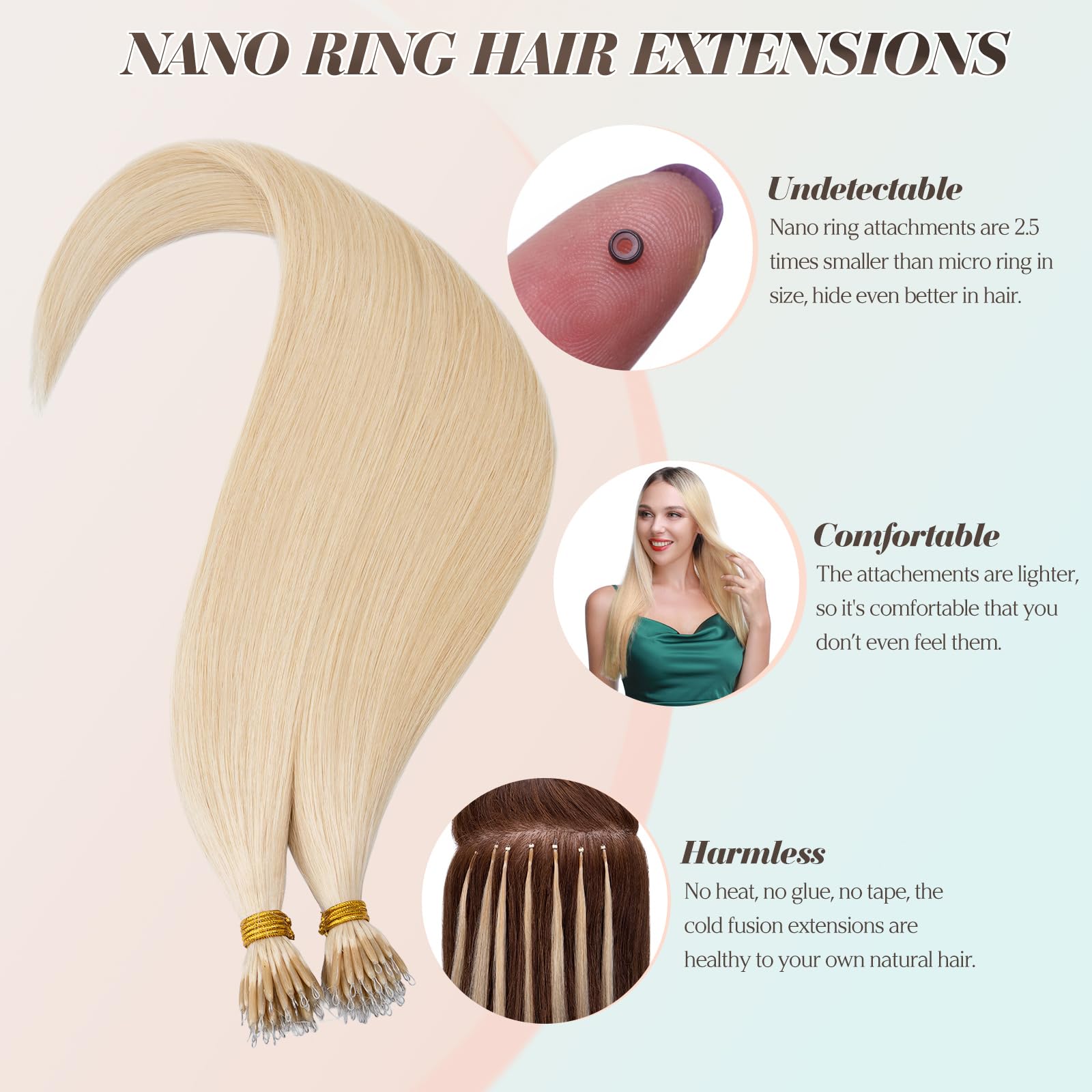 Benehair Nano Hair Extensions Straight Remy #60 Platinum Blonde Nano Loop Hair Extensions Real Human Hair 16 Inches (35g) - Image 2