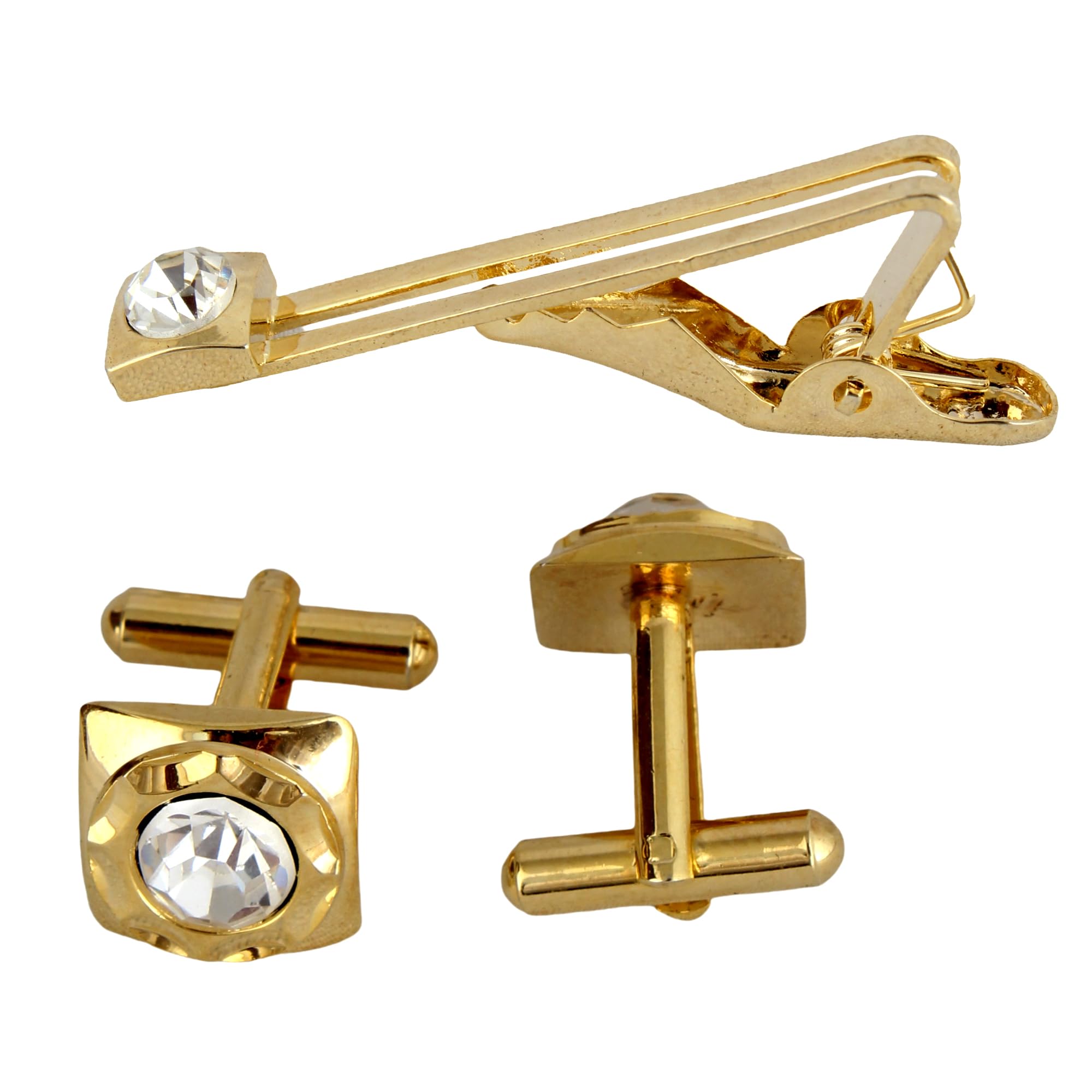 Unique Men Jewelry White Color Stone Gold Plated Sleeve Button Formal Cuff Button Wedding Shirt Button, Suit, Blazer Cufflinks with Matching Tie Pin Gift Set For Men (294-M4C5-DC7M2SY)-image-26