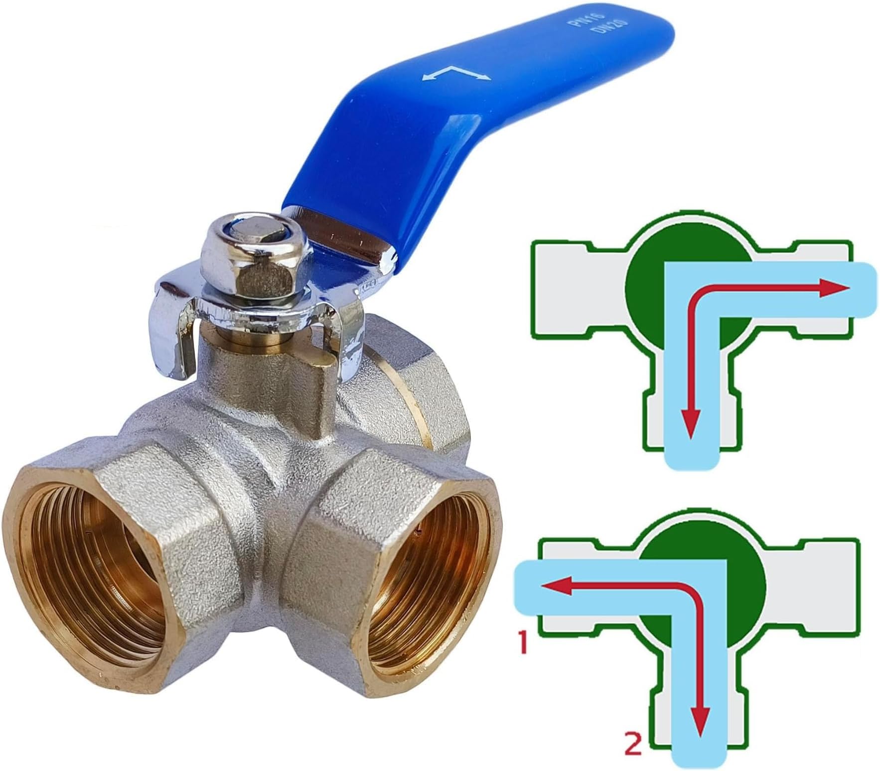 ESEKSAFAR 3/4” inch BSP Thread L-Port Flow direction Female Ball Valve Forged Brass Nickel Finish NPT Female Ball Valve