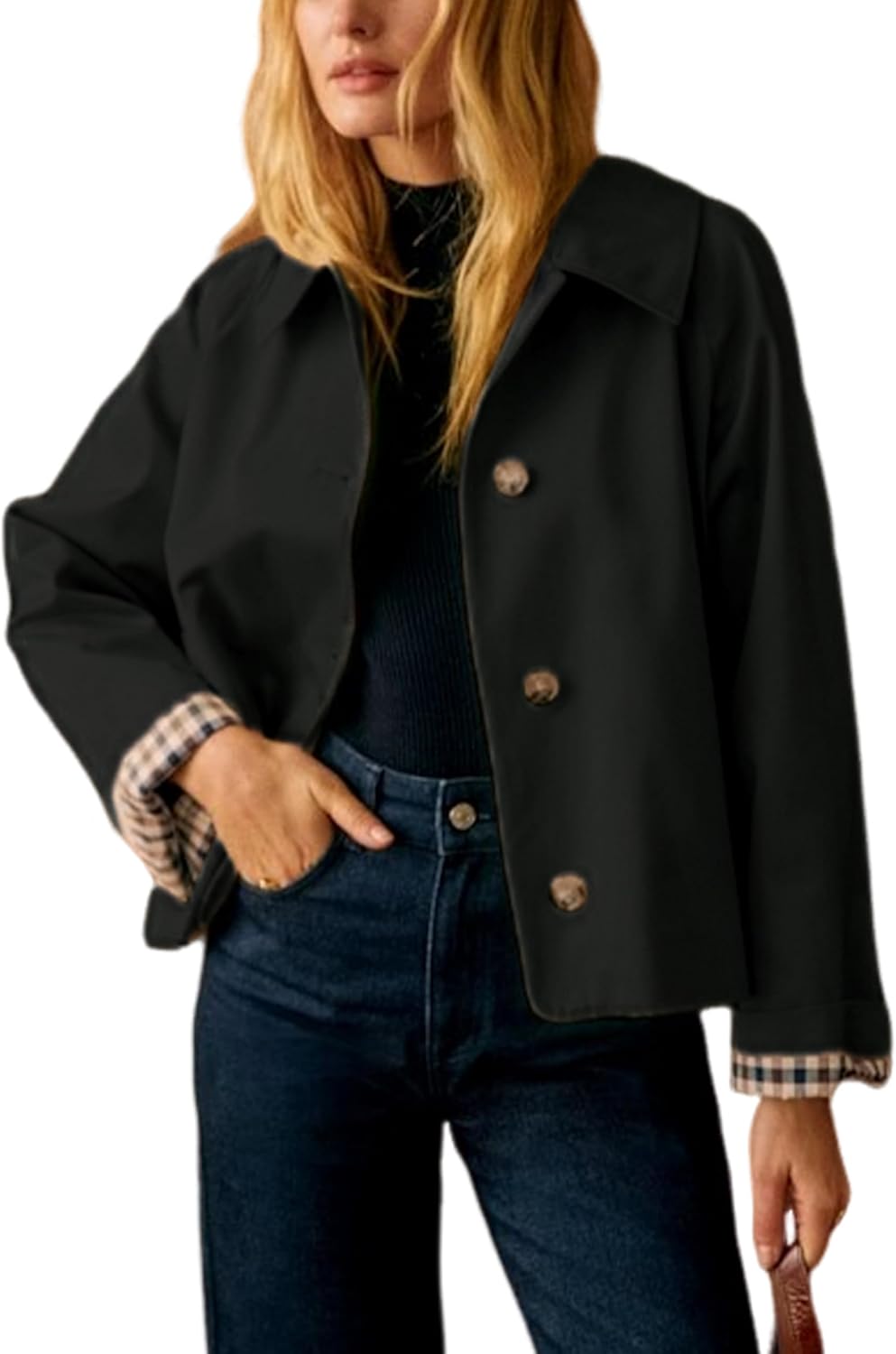 Yeokou Women Oversize Trench Coat Plaid Lining Lapel Button Down Casual Crop Jacket Outwear with Pockets