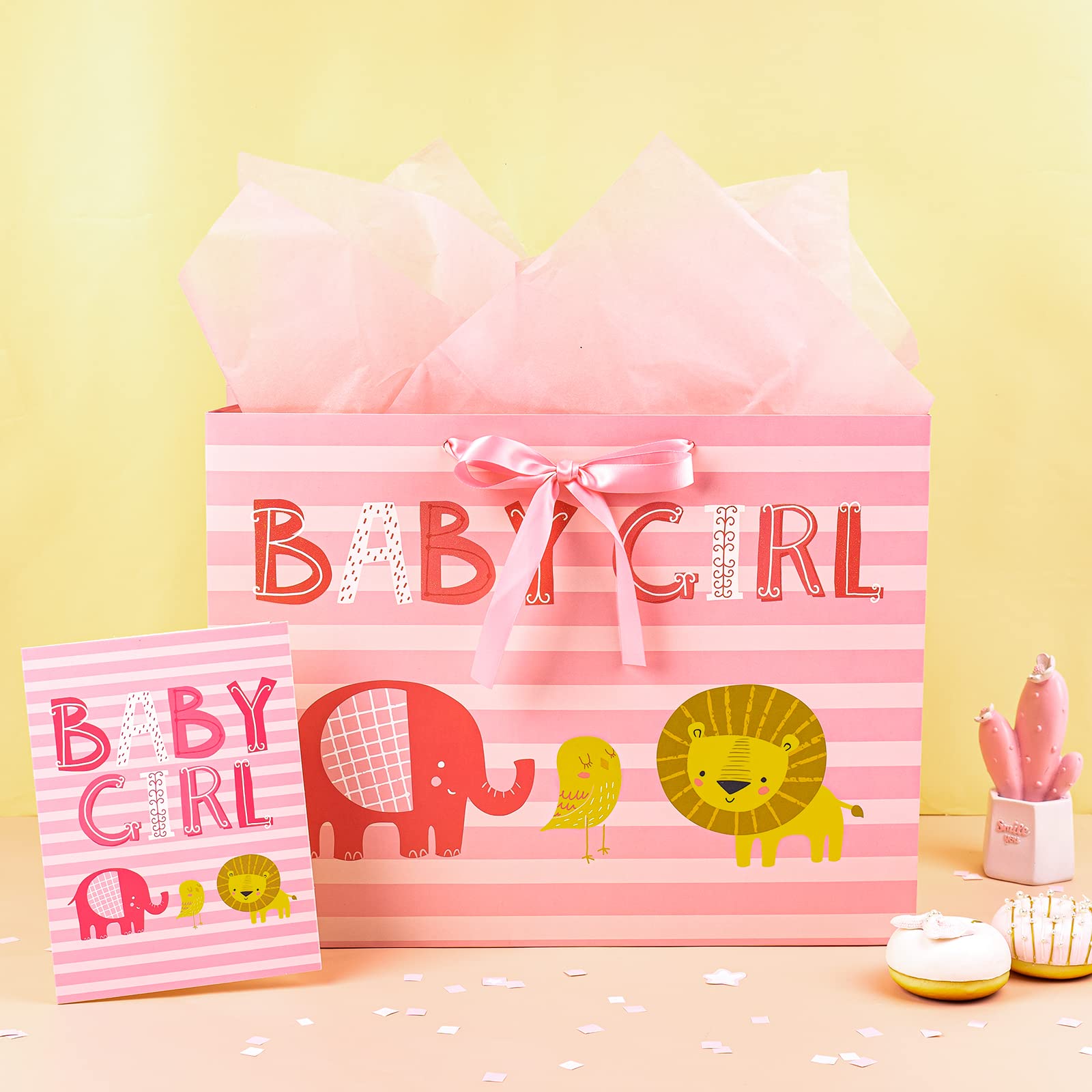 Loveinside 1st Birthday Gift Bag For Baby Girl - Large Pink Bear Design With Tissue & Card (10"x5"x13")