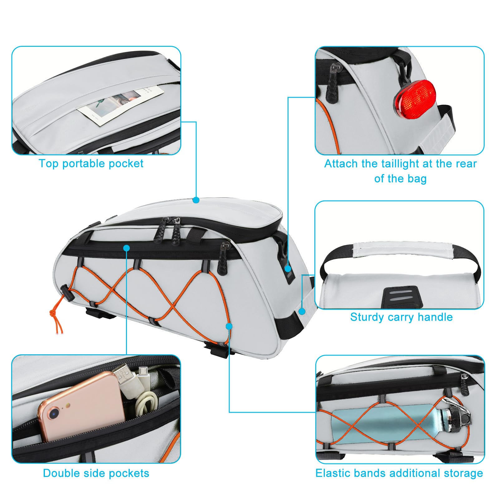 MOSISO Bike Rack Bag with 2 Removable Panniers, Waterproof Bike Trunk Cooler Storage Handbag Insulated Bicycle Rear Seat Pouch, Bicycle Storage Saddle Shoulder Bag Cycling Luggage Pouch, Silver