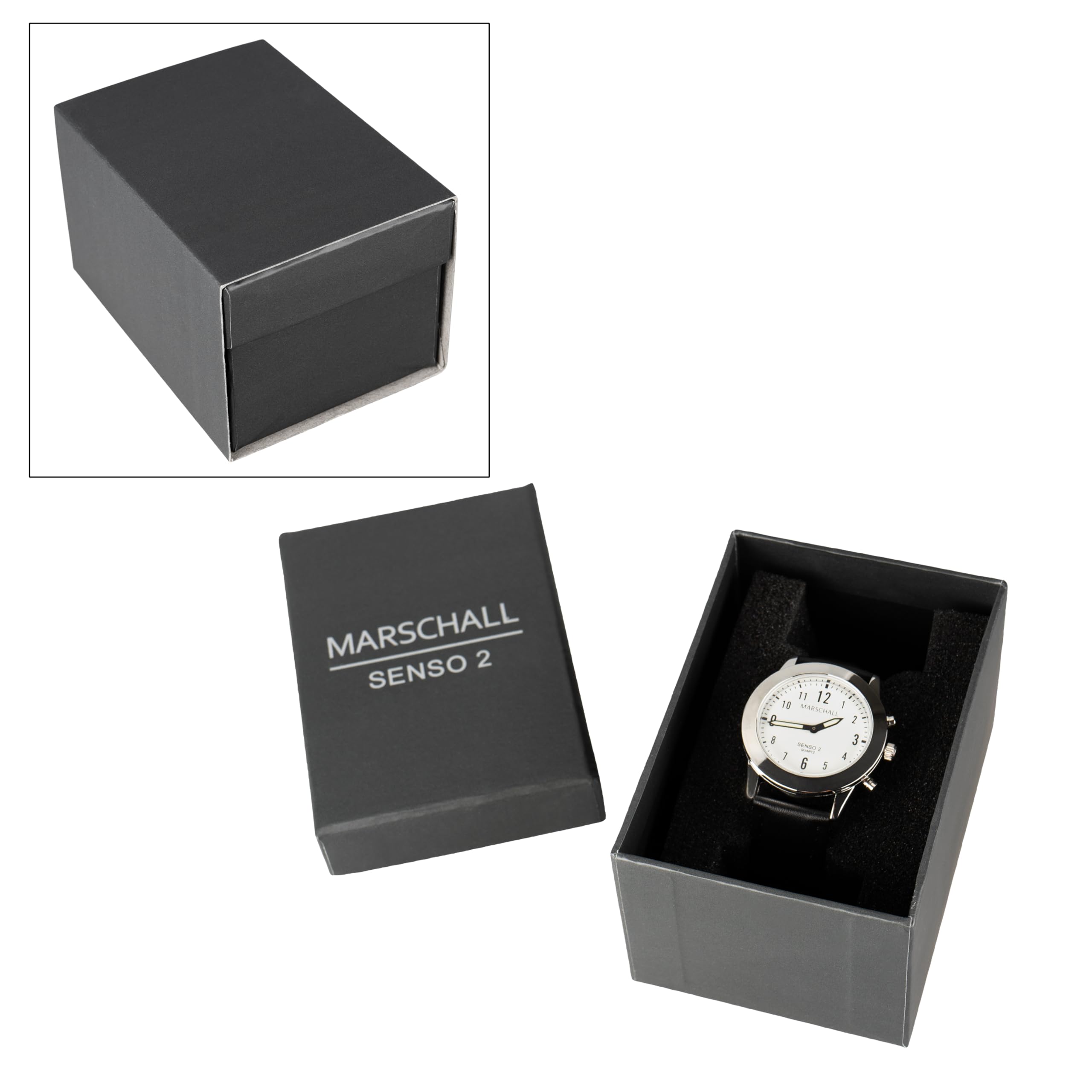 Marschall Senso Deutsch sprechende Damen Armbanduhr I S-DL 2 I Mit Touch Funktion I Für Blinde, Senioren und Demenzkranke I Datum- und Zeitansage I Schwarzes Lederarmband