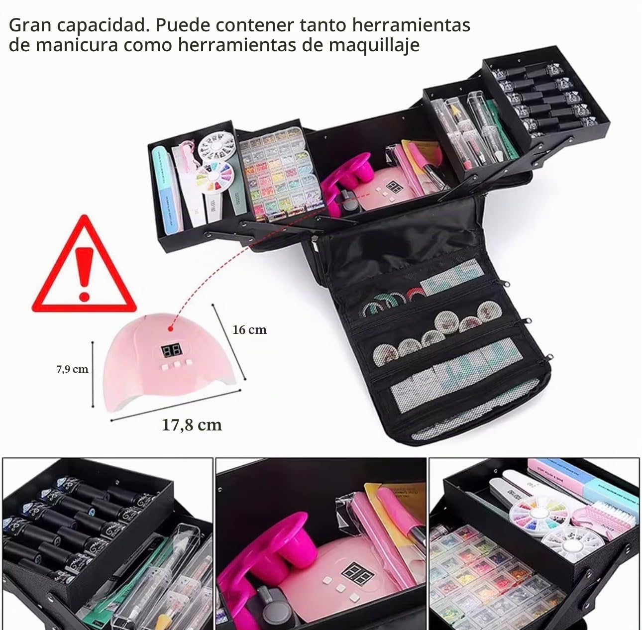 Maleta de Maquillaje Profesional, Maletín Cosmético Negro con Bandeja Expandible y Compartimentos Desplegables, Estuche Portátil 28x27x20 cm