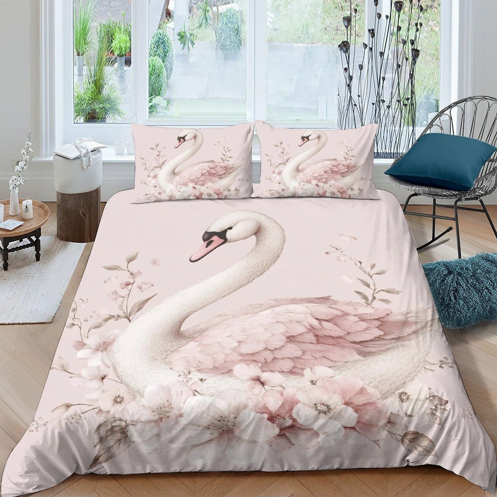 Ctjqhvkz Style-2 3D Printed Elegant Swan Fitted Sheet Microfiber Soft Pink Feather Bed Cover For Bedroom Dorm Mattress Protection Decor Single（135X200cm）