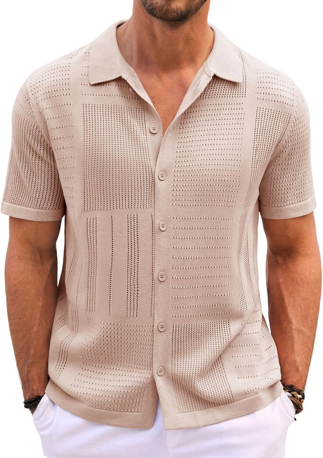 Runcati Mens Knit Button Down Shirt Casual Short Sleeve Cotton Polo Shirt Hollow Out Summer Beach Tops Khaki Large