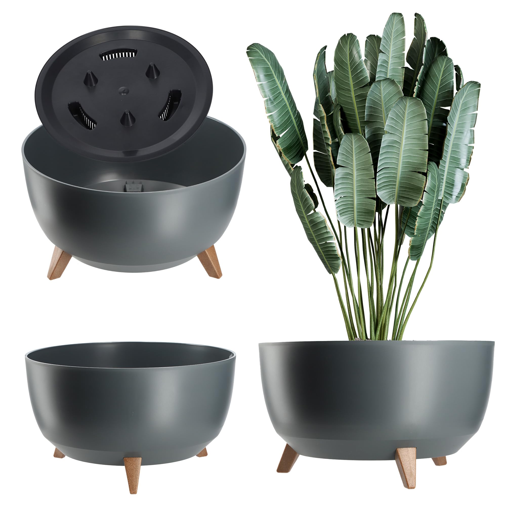 KADAX Plastic Flower Pot with Three Stands, Round Flower Bowl, Flower Pot, Flower Pot, Flower Pot, Balcony, Living Room (39.5 cm, Anthracite) — view 30