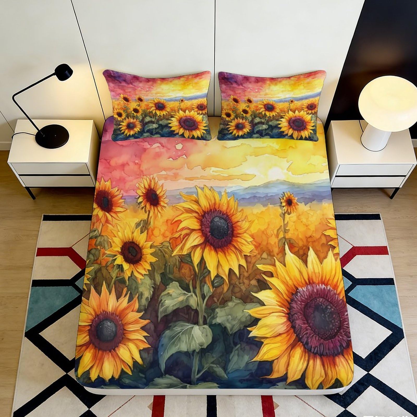 3D Printed Sunflower Field Fitted Sheet Microfiber Soft Orange Sunset Bed Cover for Bedroom Guest Room Decor 90x200x25cm