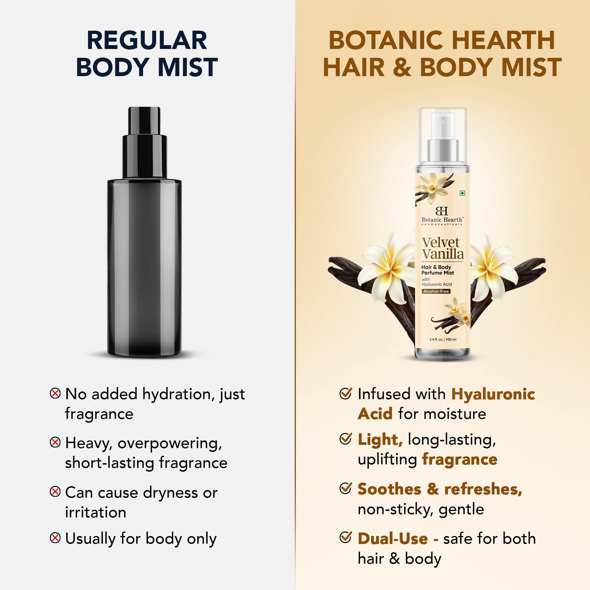 Botanic Hearth brume parfumée femme pour cheveux et corps à la vanille | déodorant longue durée pour cheveux et parfum corporel pour femmes et hommes | fraîcheur toute la journée | 100 ml (3.4 Fl Oz)