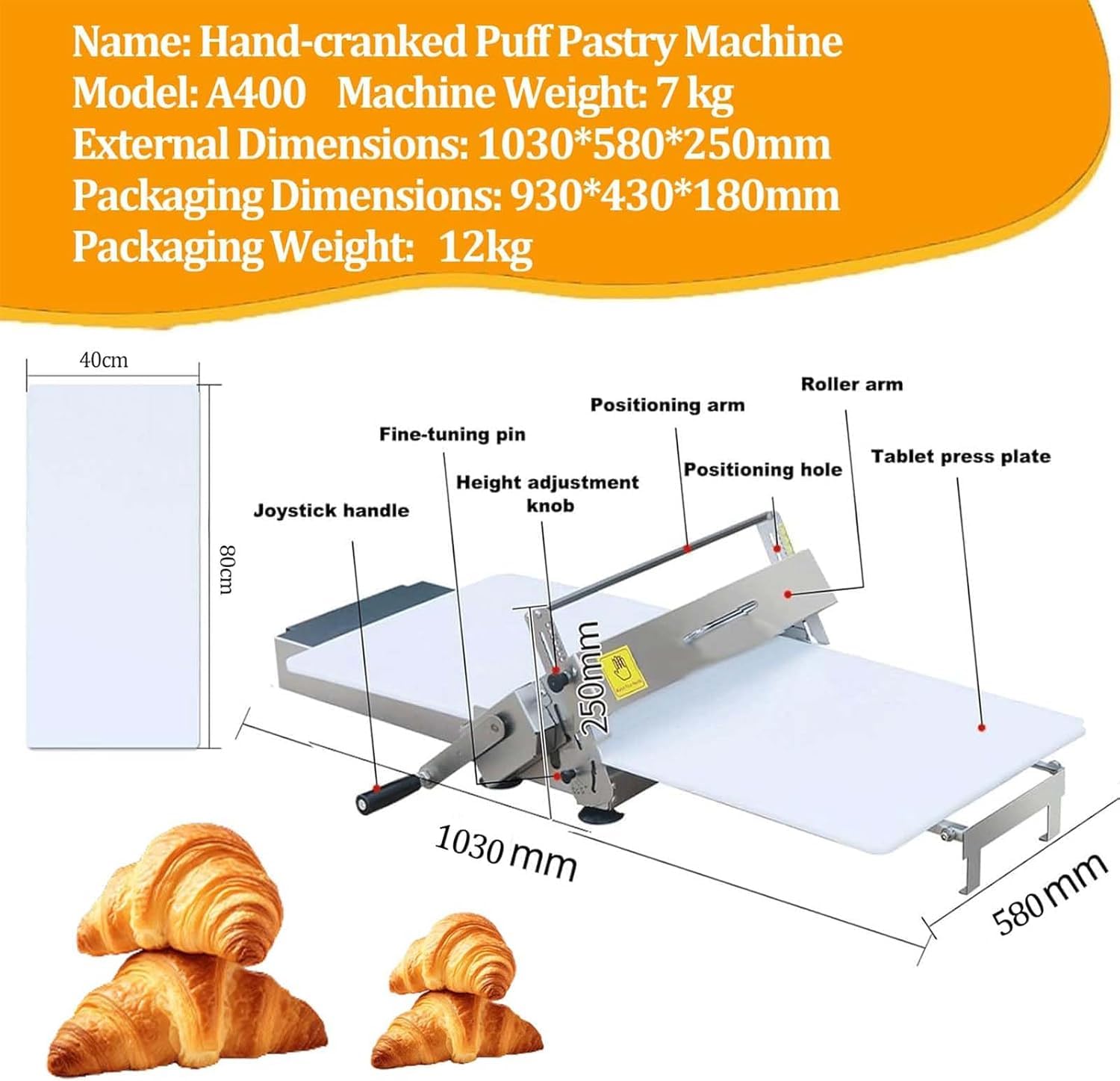 Generisch Diese manuelle Teigausrollmaschine mit Handkurbel und präziser Dickeneinstellung (0,5–27 mm) aus Edelstahl 304 eignet Sich ideal für Croissants, Blätterteig, Pizza und Pastateig.