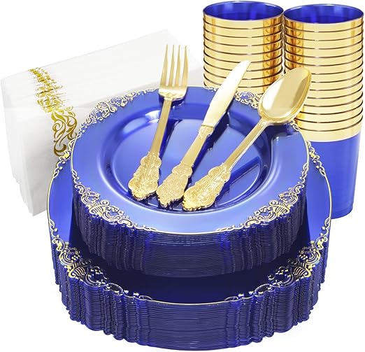 Nervure 175PCS Clear Blue Gold Plastic Plates Sets Include