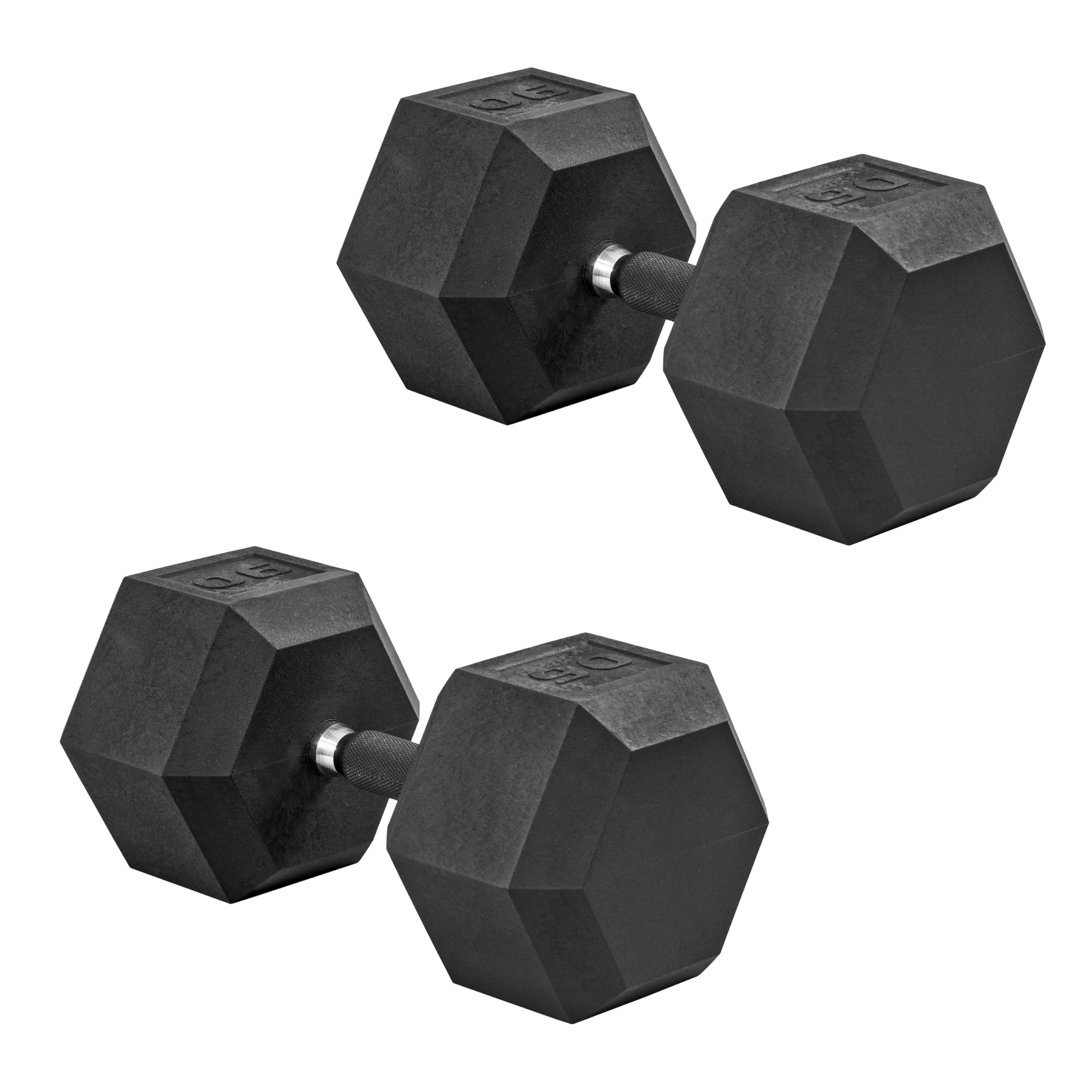 CAP Rubber Coated Dumbbell Weights, Free Weights for Home Gym Strength Training, Anti-Roll Hex Dumbbells with Black, Chrome &amp; Comfort Grip Handles, Pairs &amp; Sets