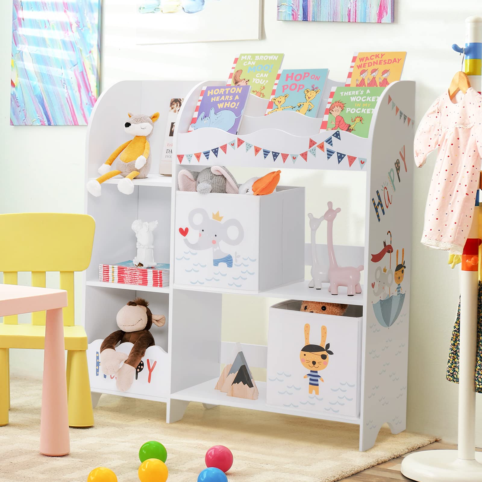 HOMASIS Étagère pour enfant à 3 étages, sur pied, pour jouets, livres, organisateur de jouets, avec 5 compartiments et 2 boîtes de rangement (animaux pirates)