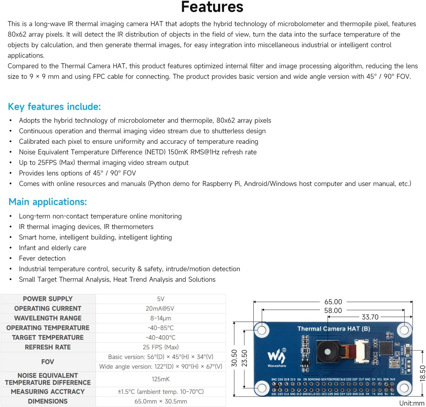 Waveshare Long-Wave IR Thermal Imaging Camera HAT (B), Compatible with Raspberry Pi 5/4B/3B/Zero/Zero W/Zero 2W/Pico/Pico W/Pico WH, 45° FOV IR Camera, 80×62 Pixels, Standard 40PIN GPIO Header