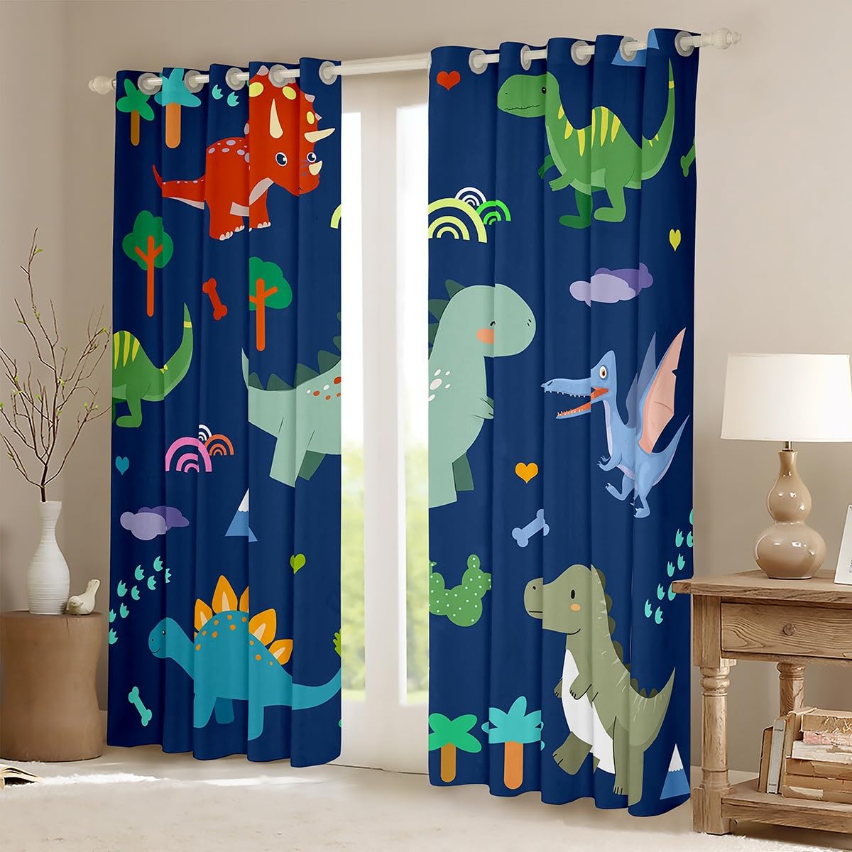 Homewish Rideau Occultant 117x137 cm Cartoon,Rideau Dinosaures,Rideaux Voilage Enfants Garçons Filles Os d'arbre Empreintes de Pieds Ptérosaure Arc-en-Ciel Triceratops Mignon Dinosaure pour Chambre