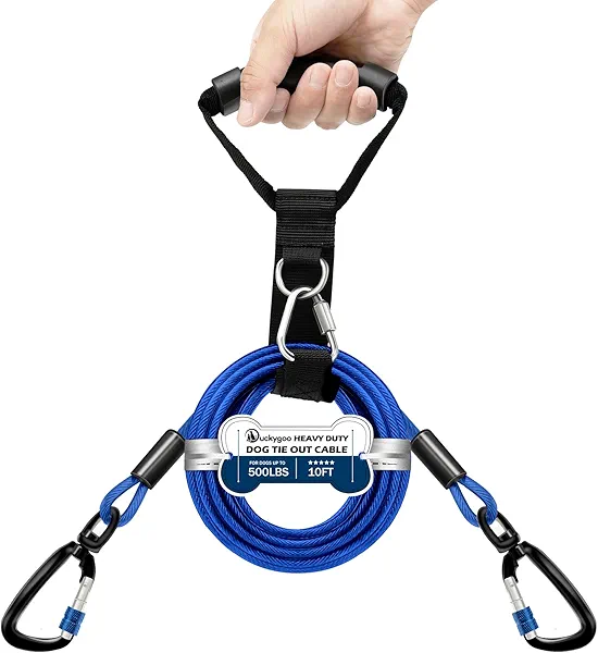 Duckygoo Heavy Duty Dog Tie Out Cable-Dog Leads for Yard & Camping, Rust Proof Leash Cable with Carrying Handle, No Tangle Tether for Medium to Large Dogs Up to 500lbs,10ft,Blue