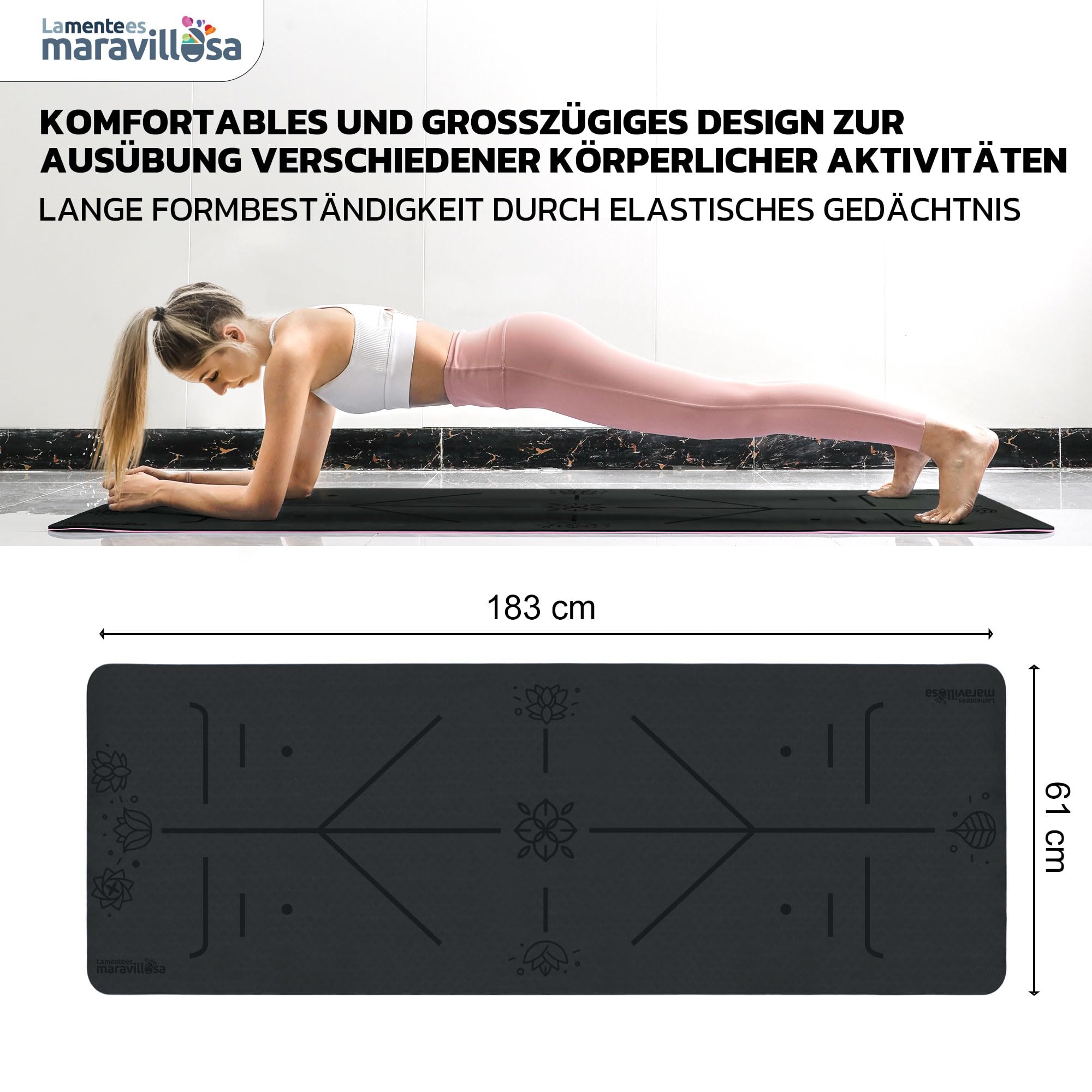 LA MENTE ES MARAVILLOSA - Gymnastikmatte Rutschfest【TPE | 183x61cm】Inkl Tragegurt + Tasche + Übungs-E-Book, Gelenkschonende Yogamatte für Fitness, Pilates | Indoor/Outdoor Geeignet