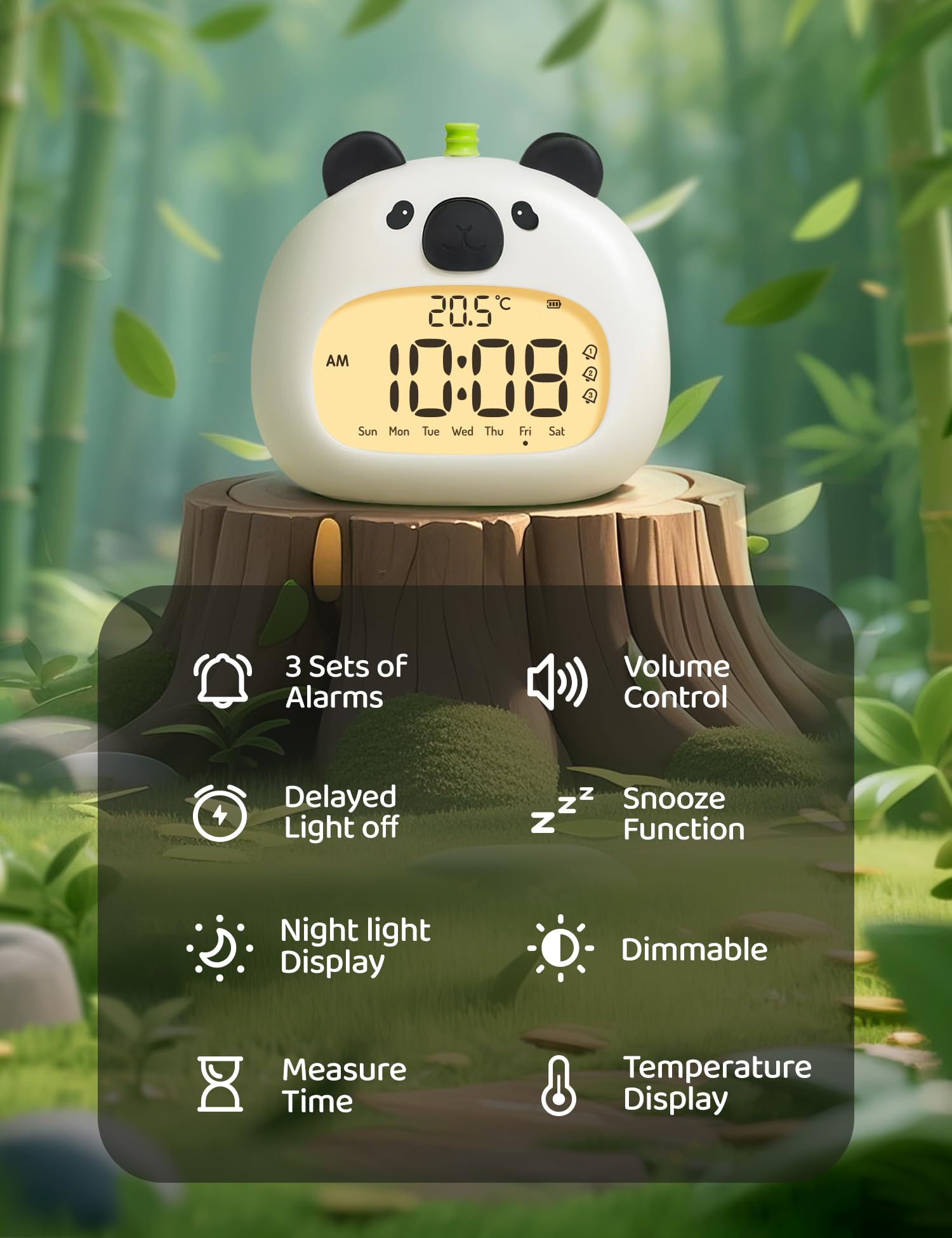 IHALO Simpatico sveglia per bambini, sveglia da comodino con panda luce notturna digitale, display a LED, 3,15 pollici, tre allarmi, modalità weekend, data, ora, temperatura, ricaricabile, decorazione