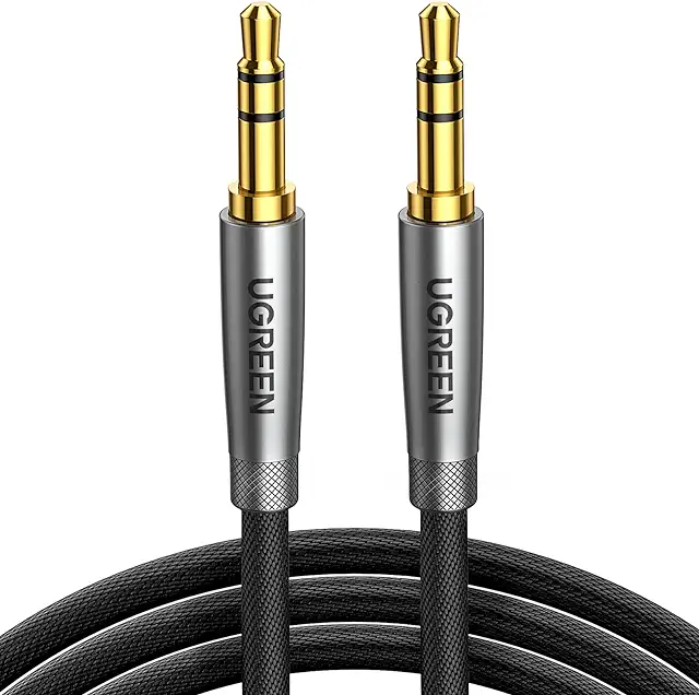 Imagen relacionada con UGREEN Cable Audio Jack 3.5mm Macho HiFi Estéreo Nylon Trenzado Auxiliar Compatible con Autoradio Auriculares Altavoz TV iPhone MP3 (1M)
