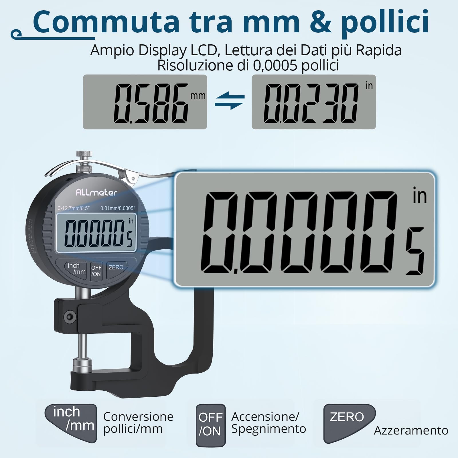 Calibro per Spessori Digitale 0-12,7mm/0-0,5" con Precisione di 0,01 mm/0,0005", Misuratore di Spessore Elettronico con Display LCD e Funzione Auto-Zero per Pelle, Carta, Tessuto